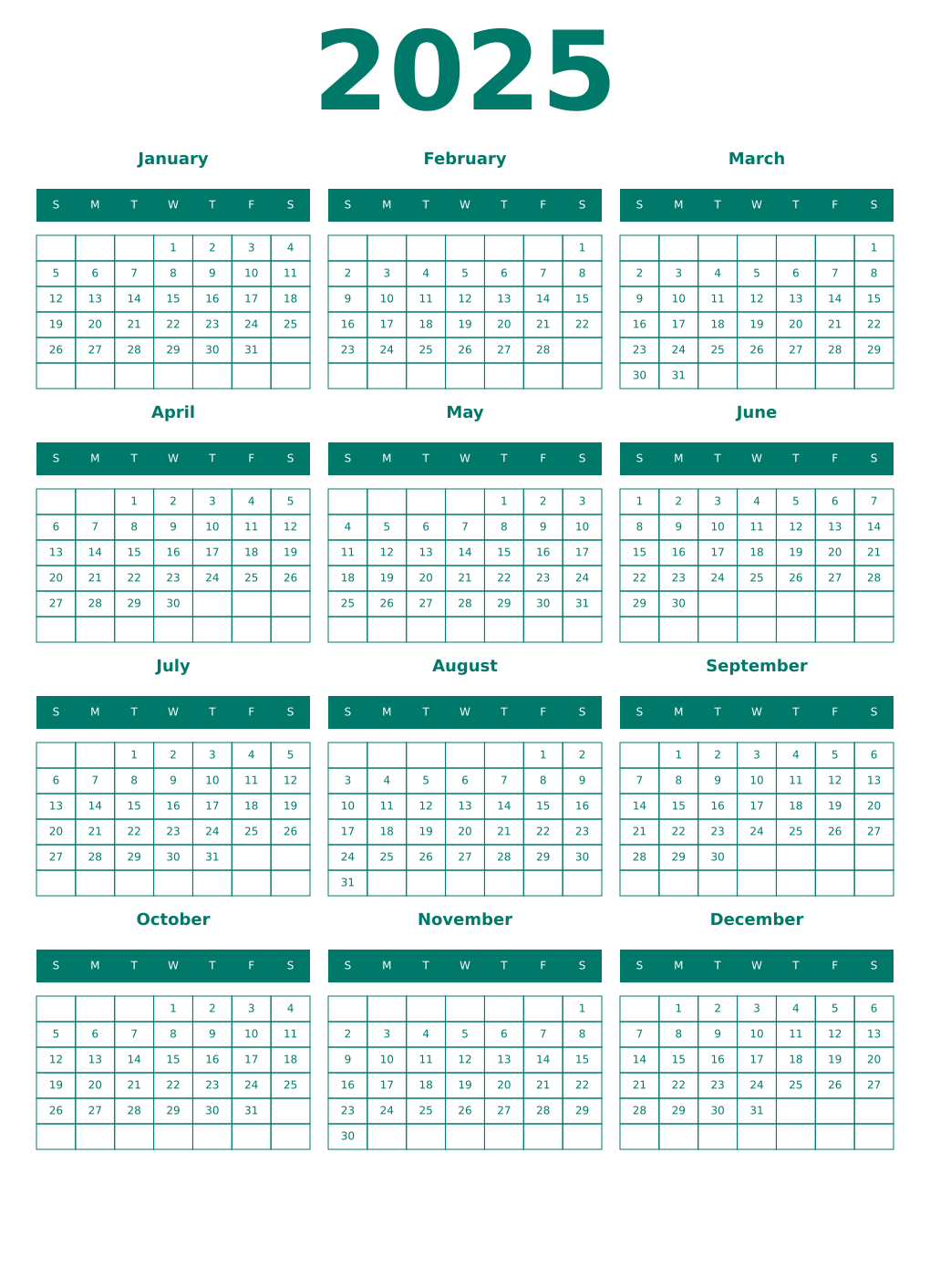 Printable 2025 Year Calendars pastel