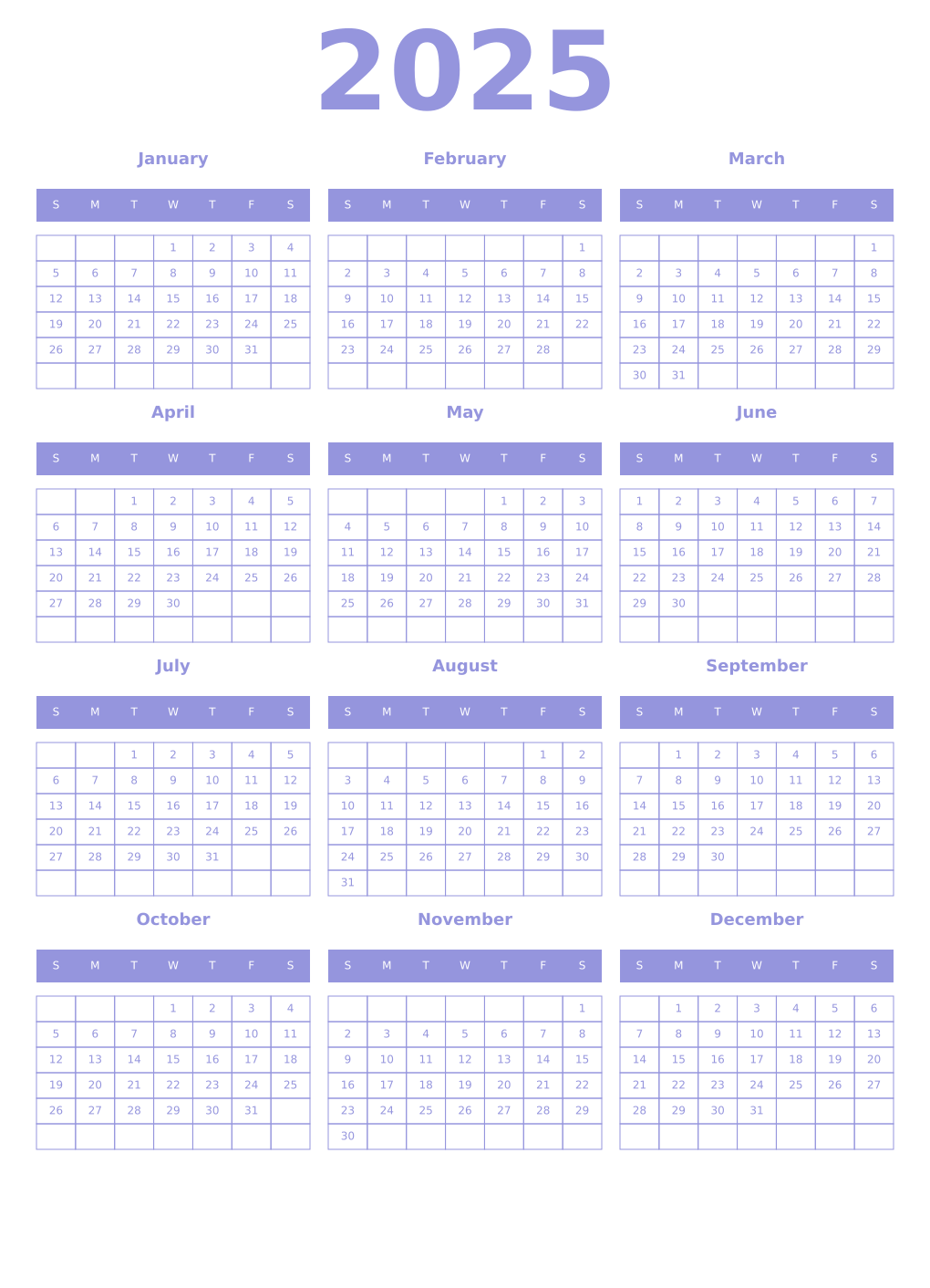 Printable 2025 Year Calendars periwinkle