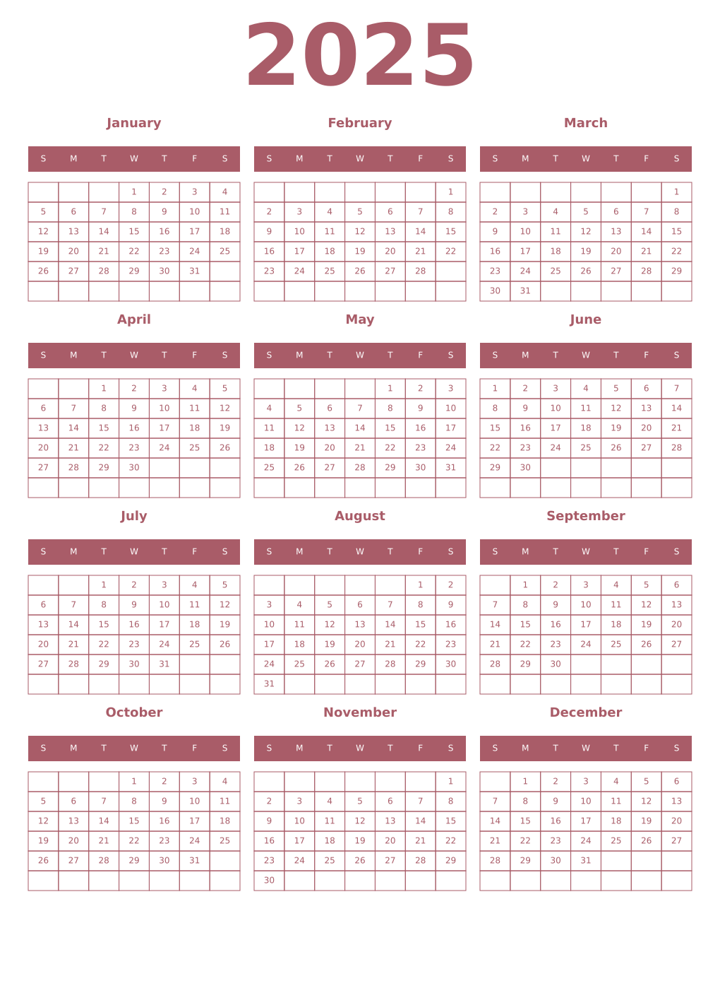 Printable 2025 Year Calendars puce