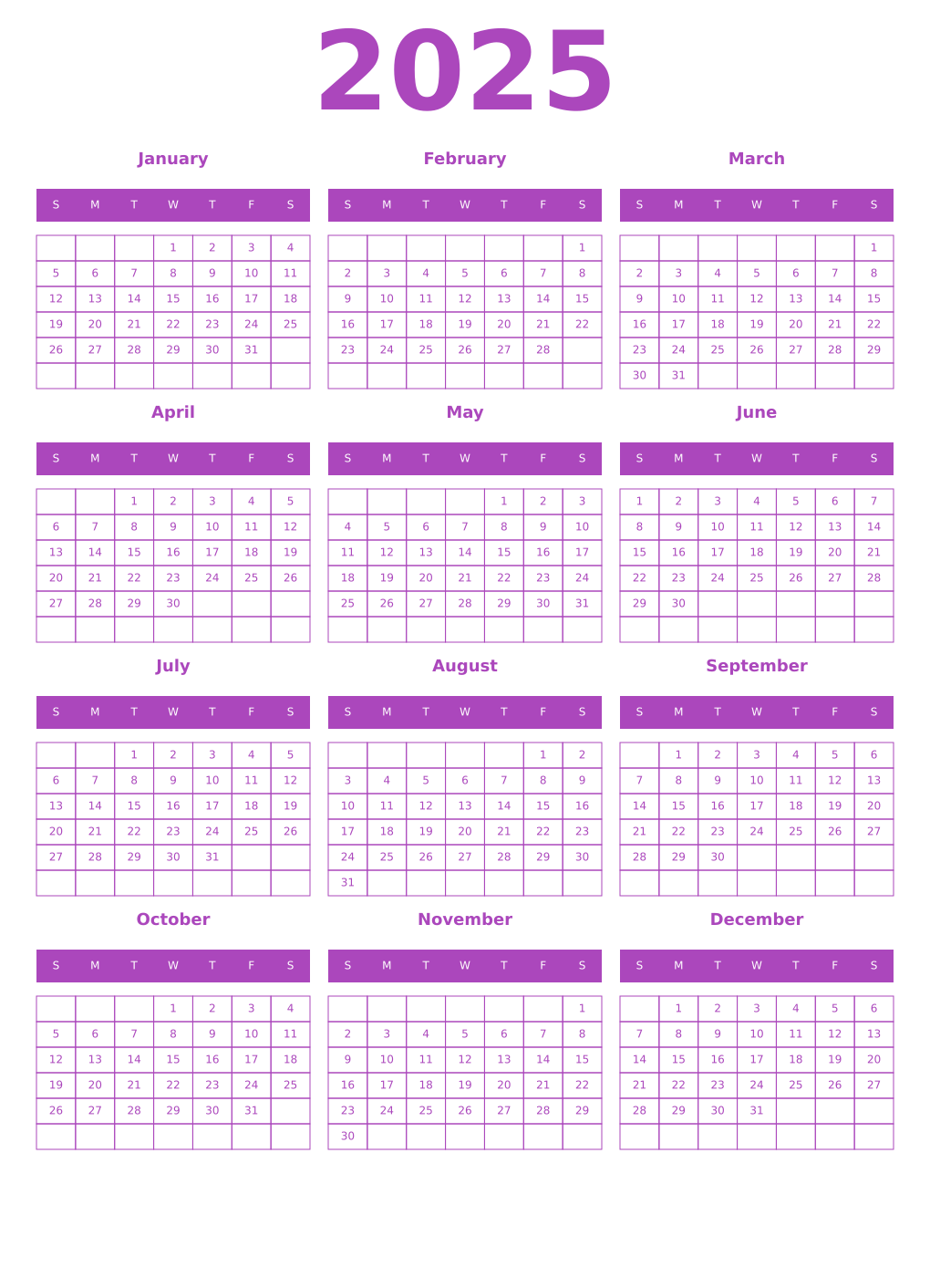 Printable 2025 Year Calendars purple