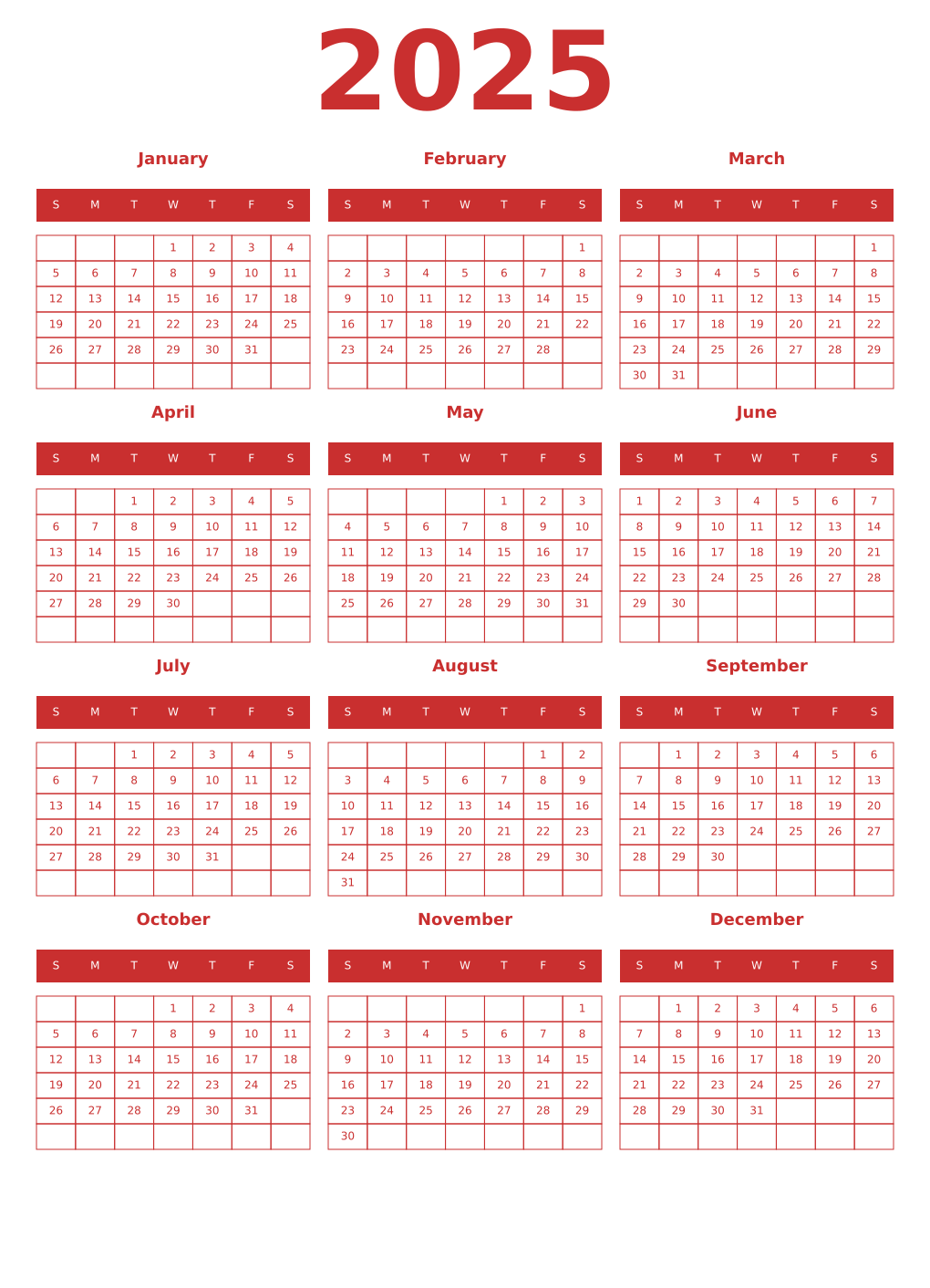 Printable 2025 Year Calendars red