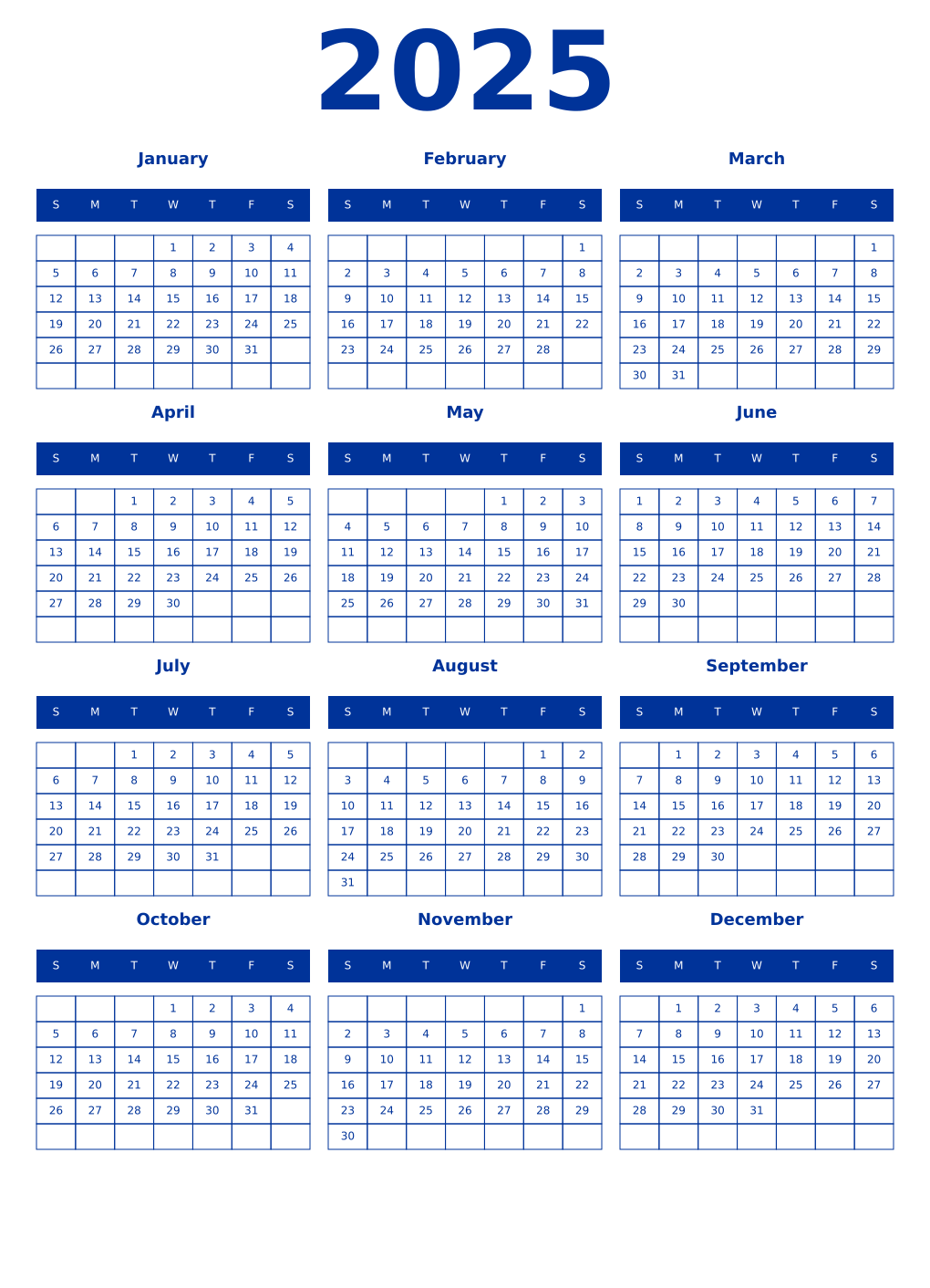 Printable 2025 Year Calendars smalt