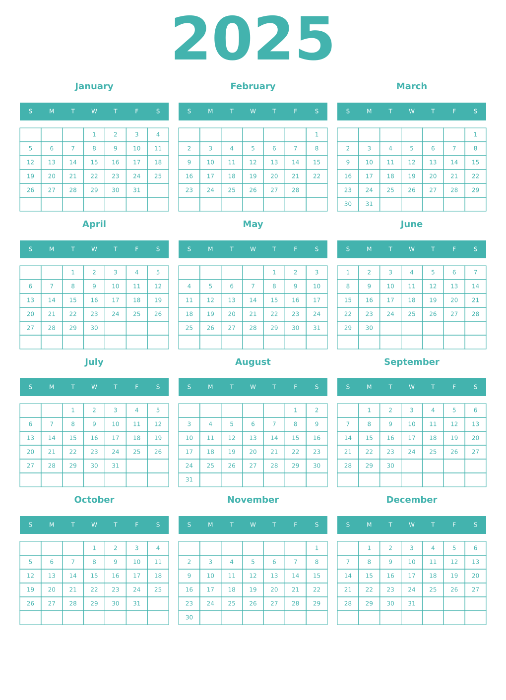 Printable 2025 Year Calendars verdigris