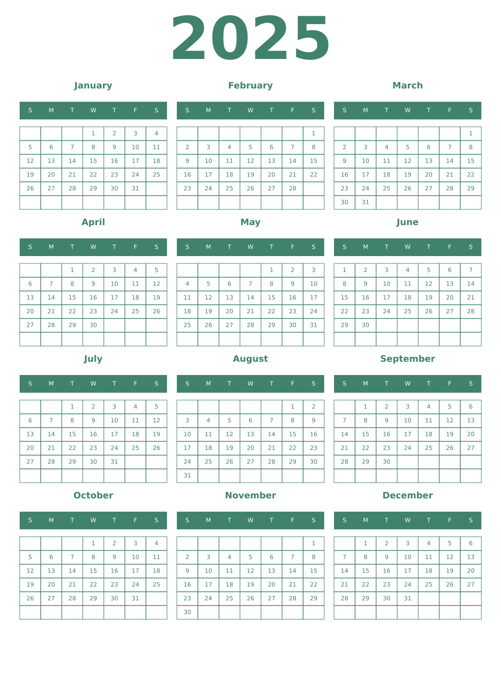 Printable 2025 Year Calendars viridian