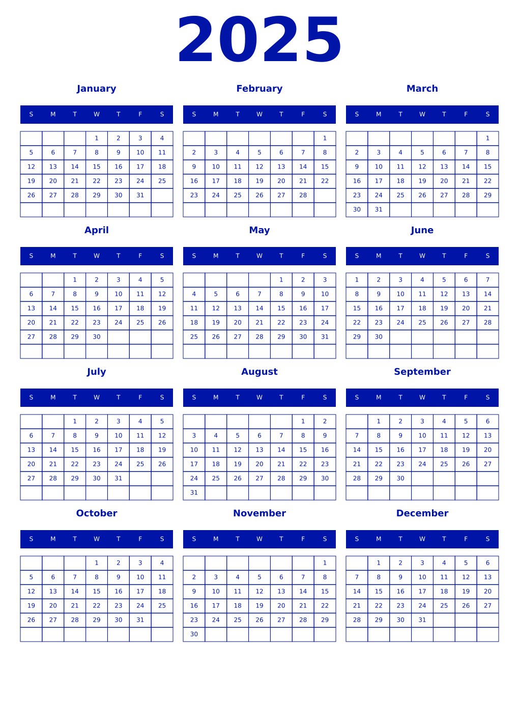 Printable 2025 Year Calendars zaffre