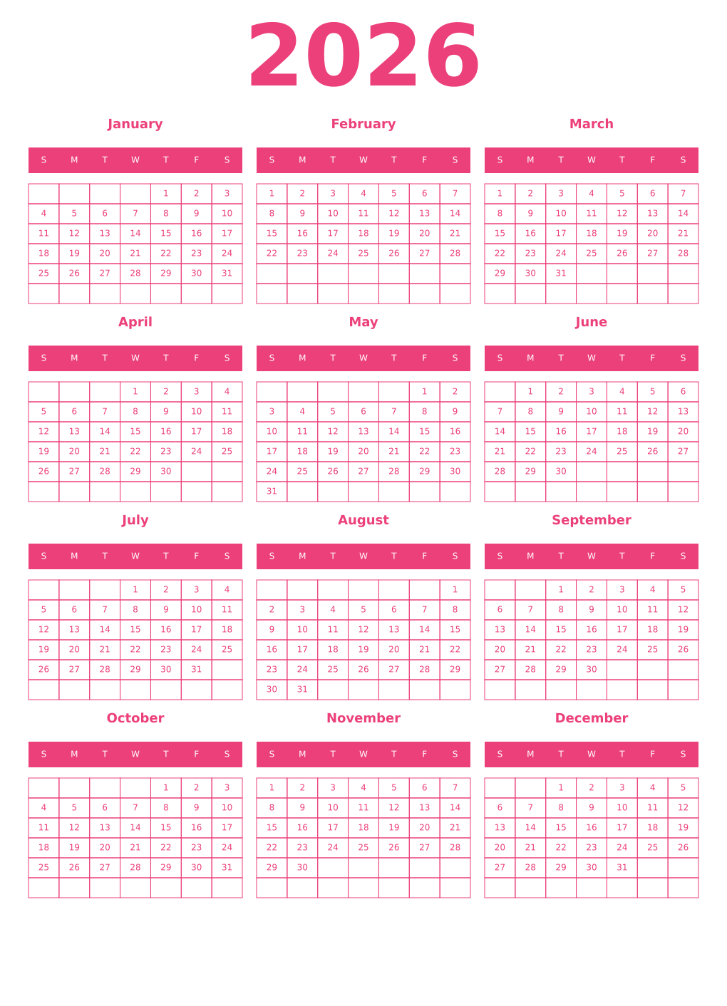 Printable 2026 Calendars