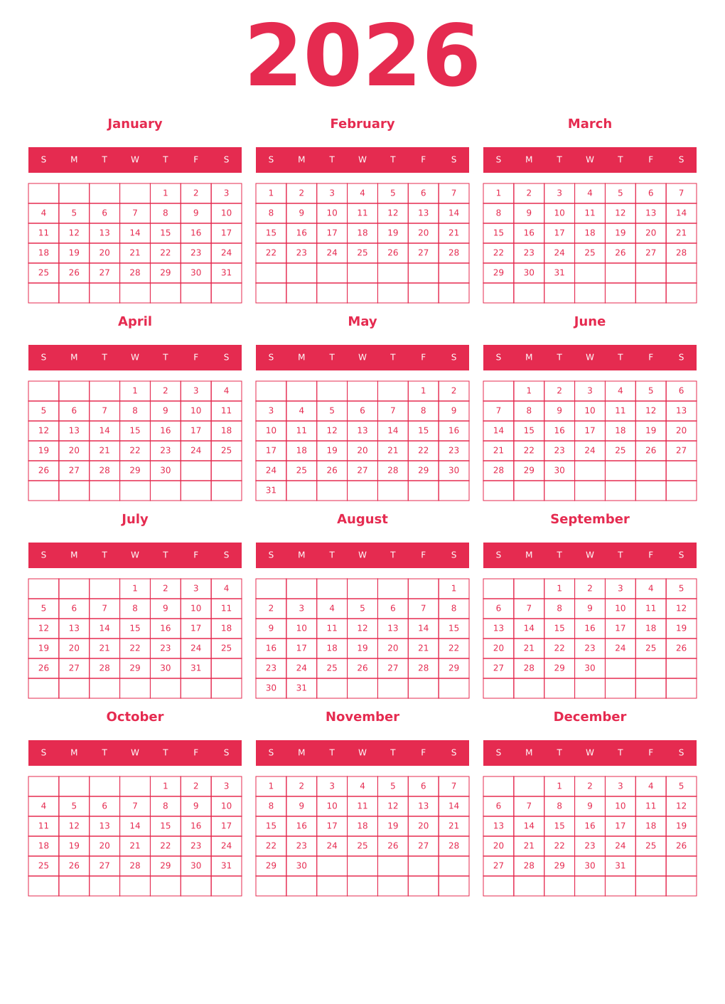 Printable 2026 Year Calendars amaranth