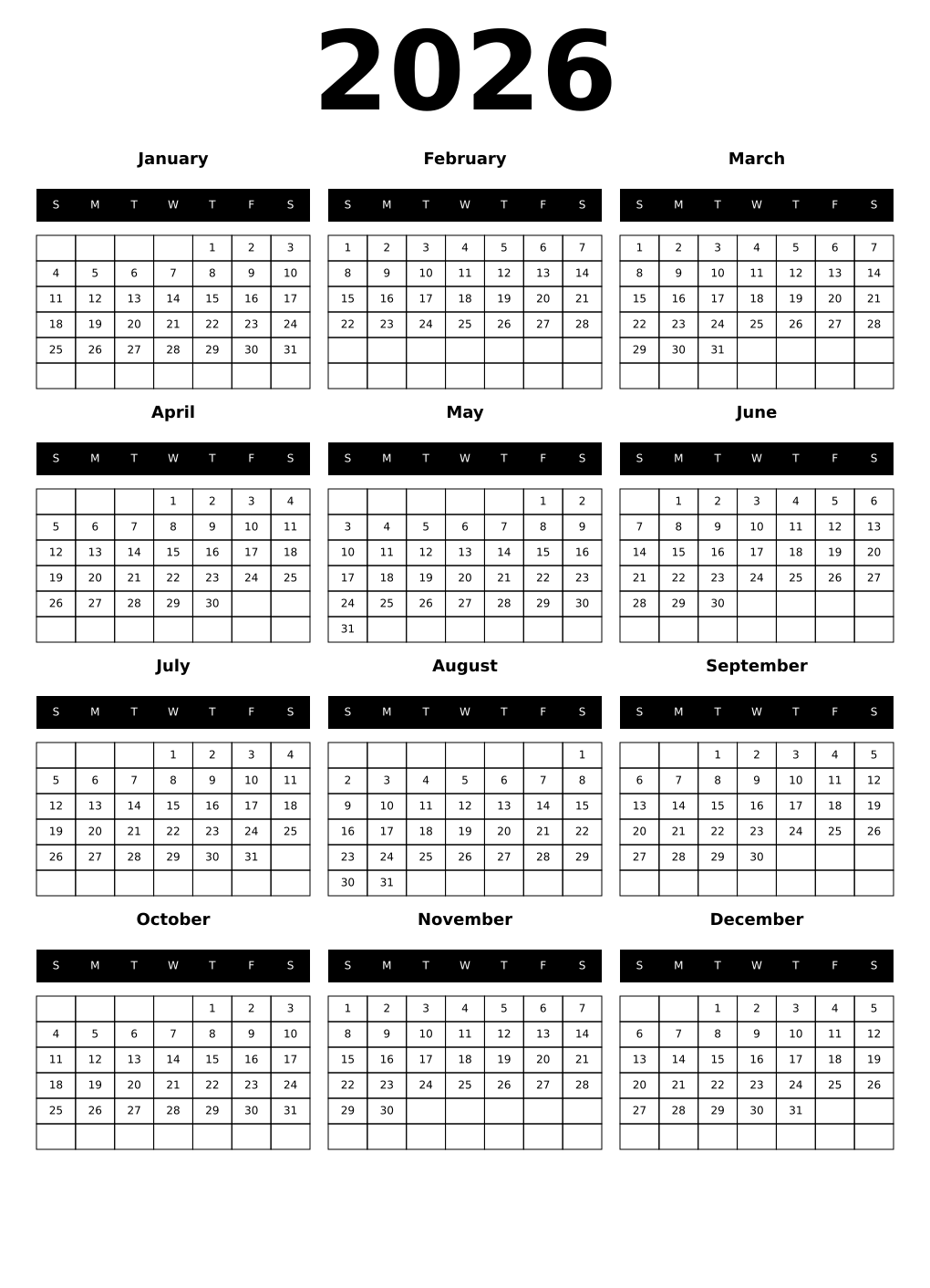 Printable 2026 Year Calendars black