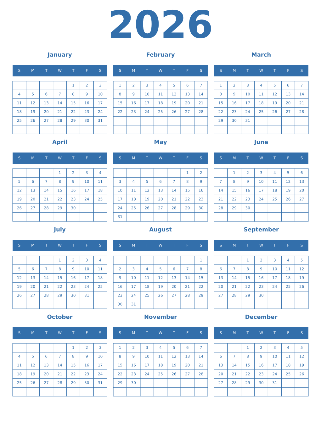 Printable 2026 Year Calendars blue