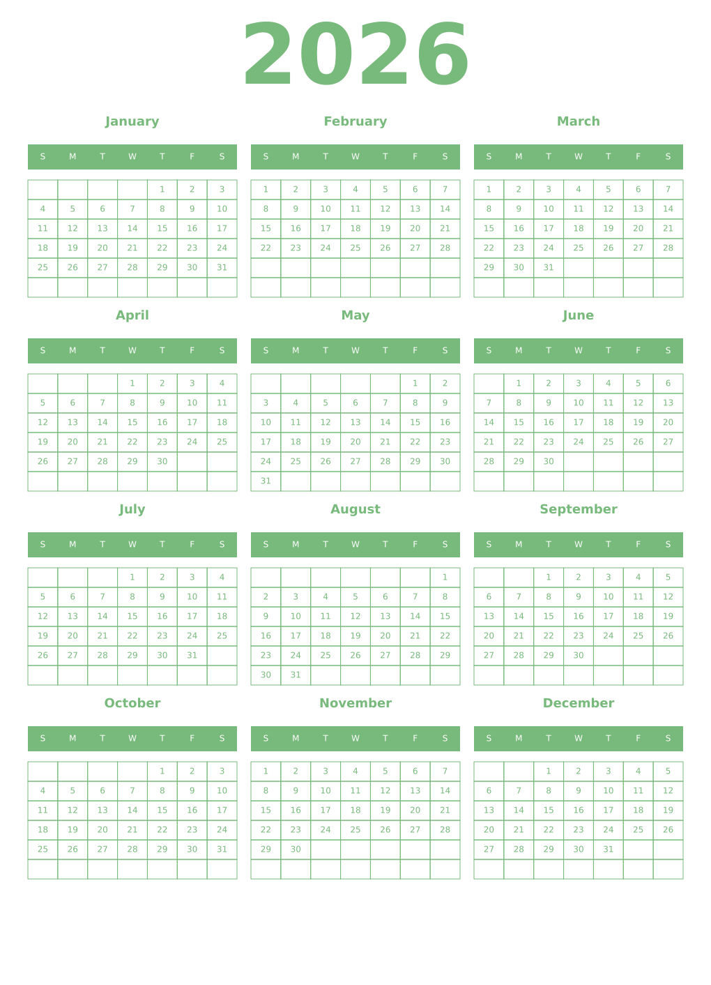 Printable 2026 Year Calendars celadon