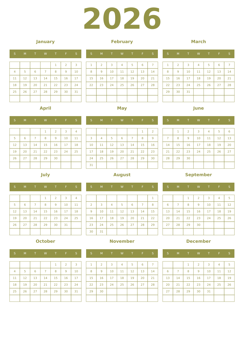 Printable 2026 Year Calendars eburnean