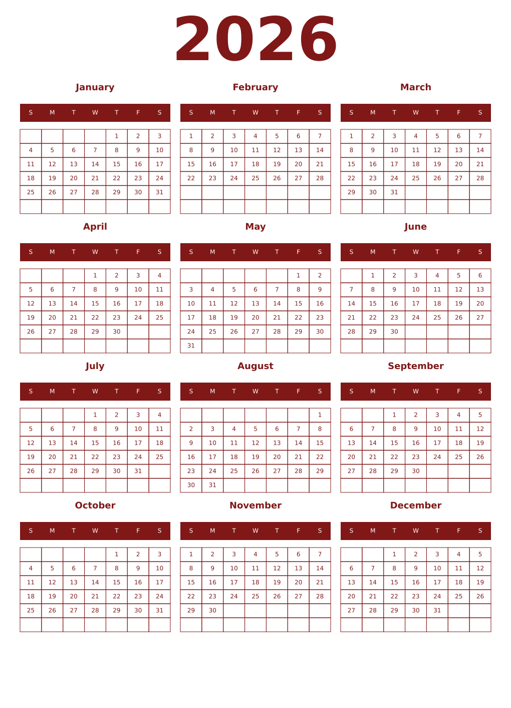 Printable 2026 Year Calendars falu