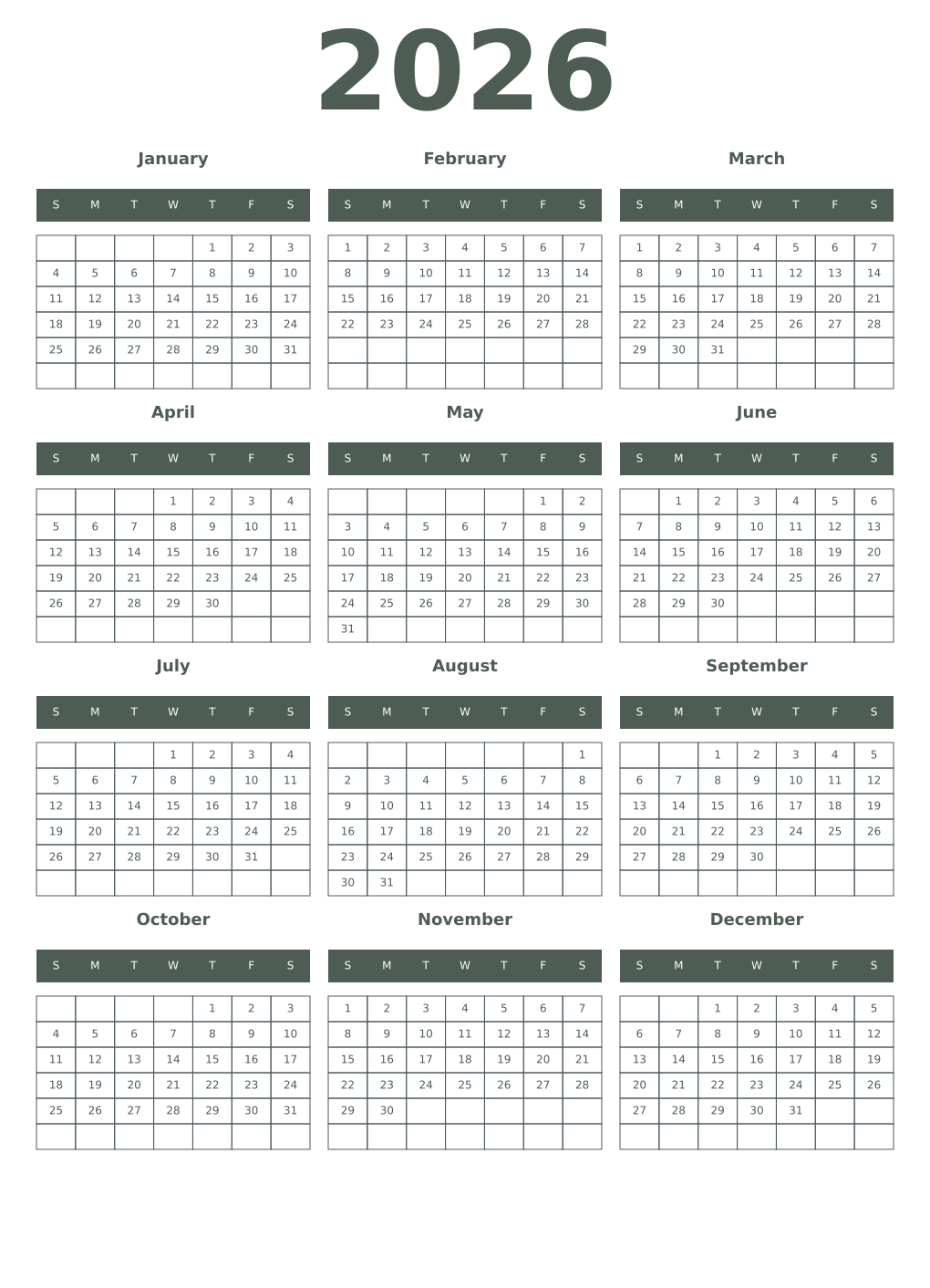Printable 2026 Year Calendars feldgrau