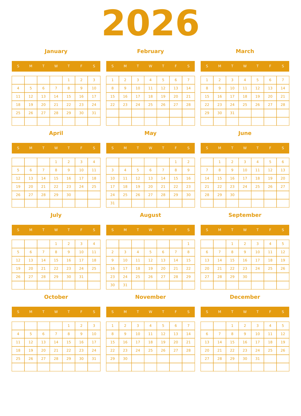Printable 2026 Year Calendars gamboge
