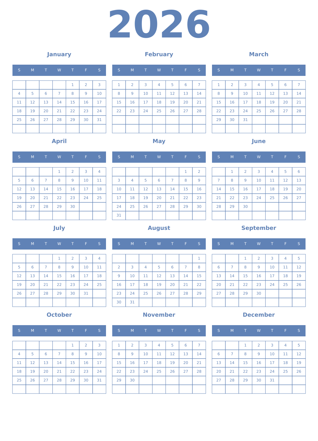 Printable 2026 Year Calendars glaucous