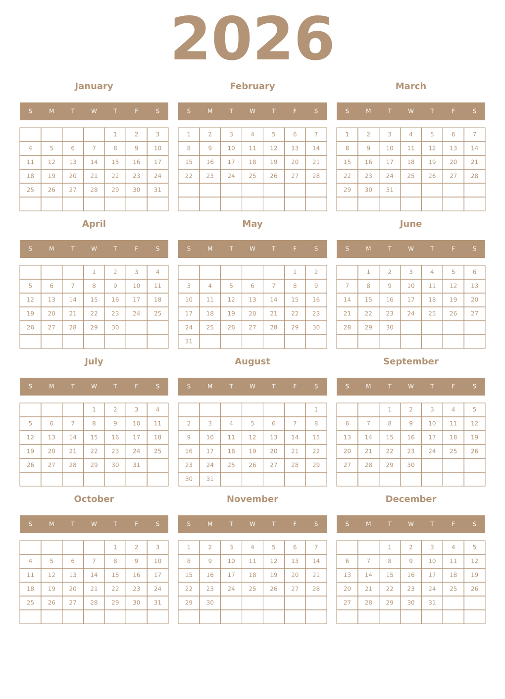 Printable 2026 Year Calendars isabelline
