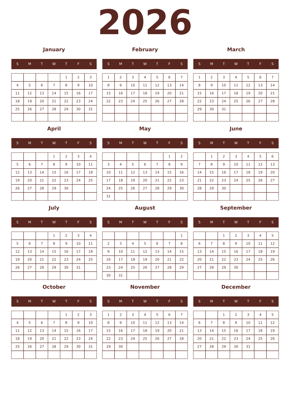 Printable 2026 Year Calendars mortuum