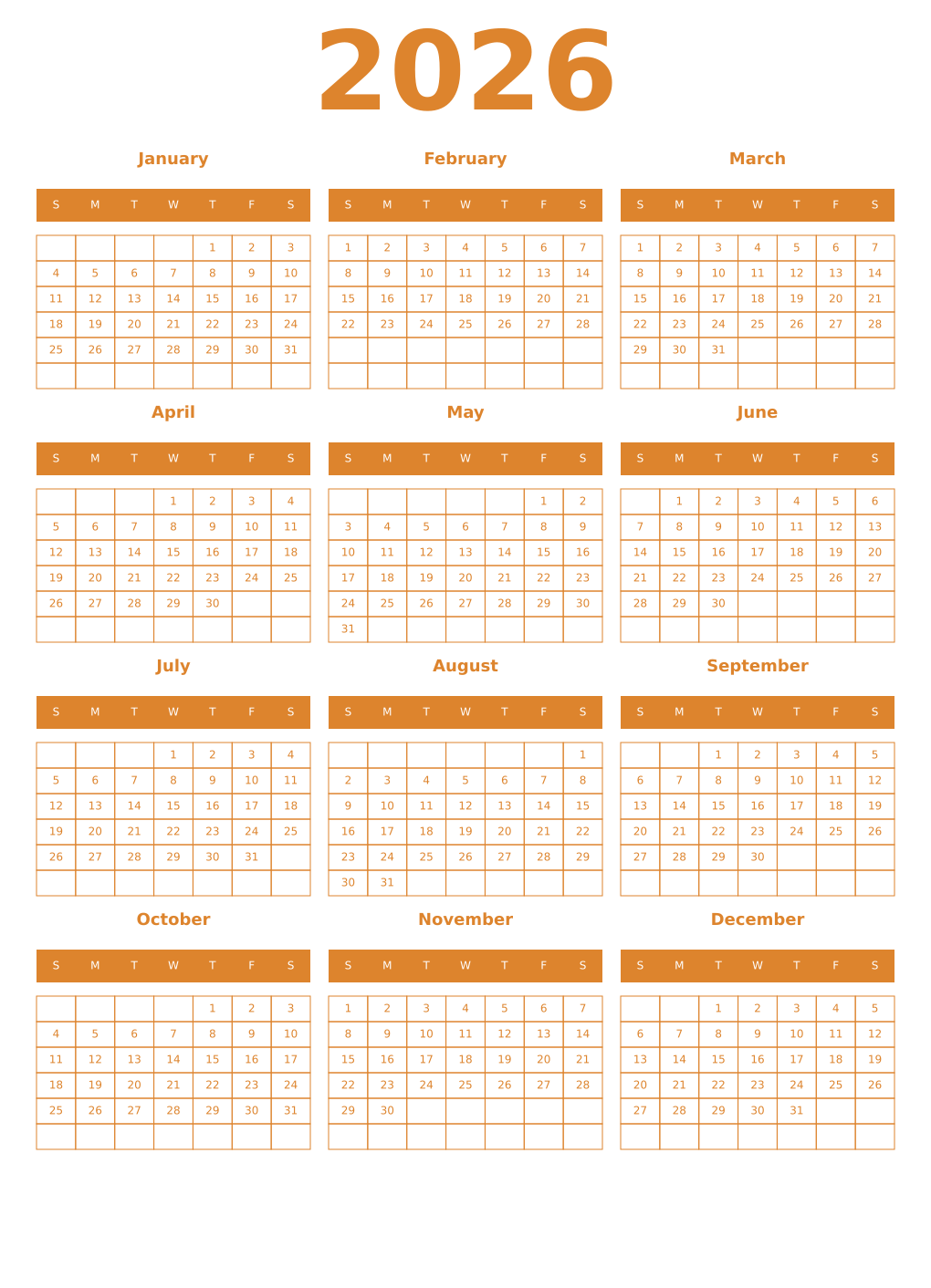 Printable 2026 Year Calendars orange