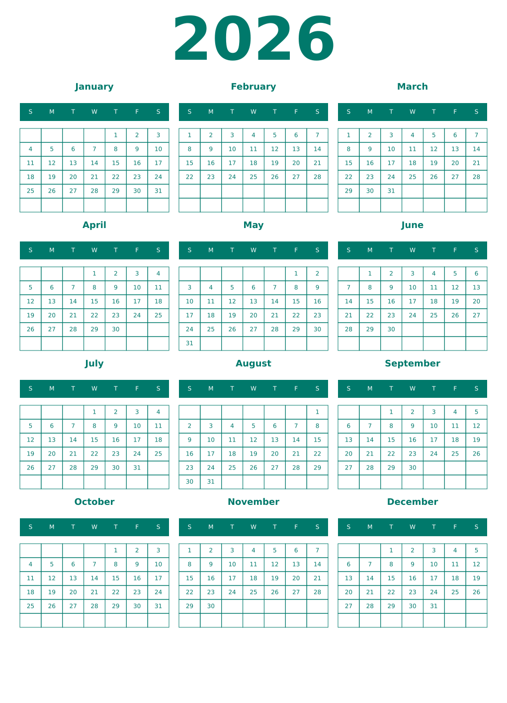 Printable 2026 Year Calendars pastel