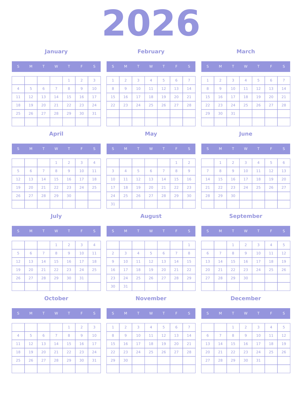 Printable 2026 Year Calendars periwinkle