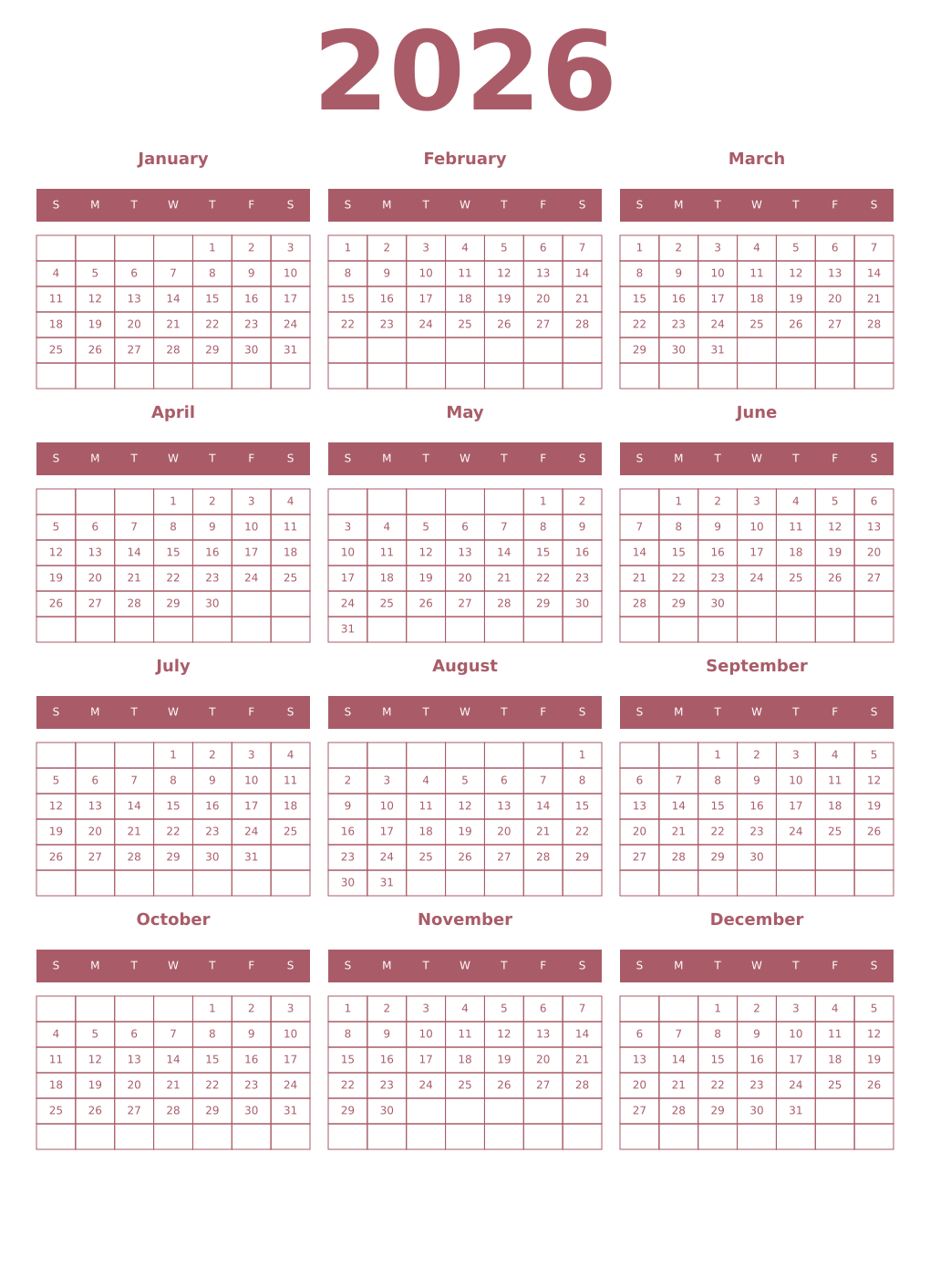 Printable 2026 Year Calendars puce