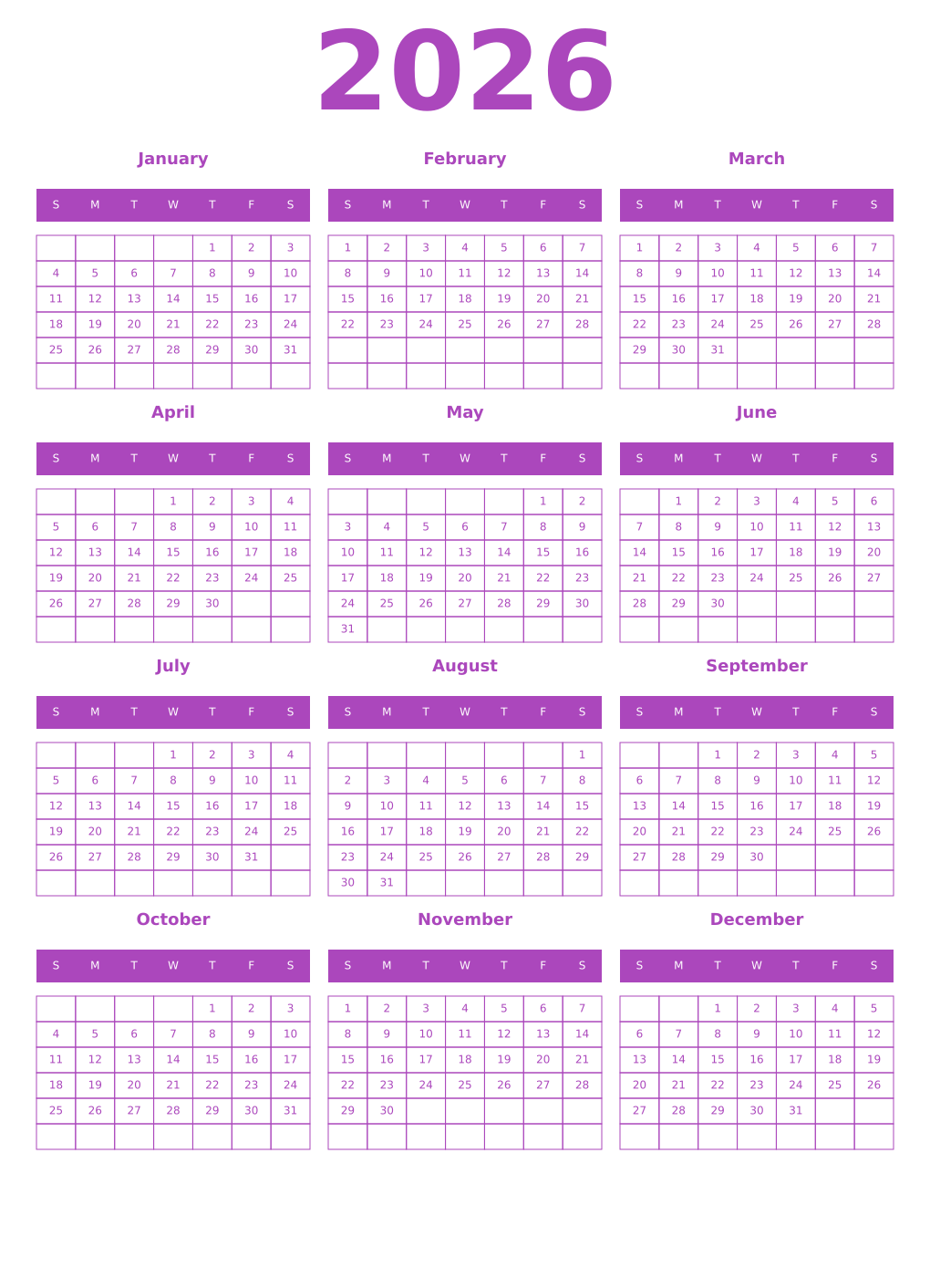 Printable 2026 Year Calendars purple