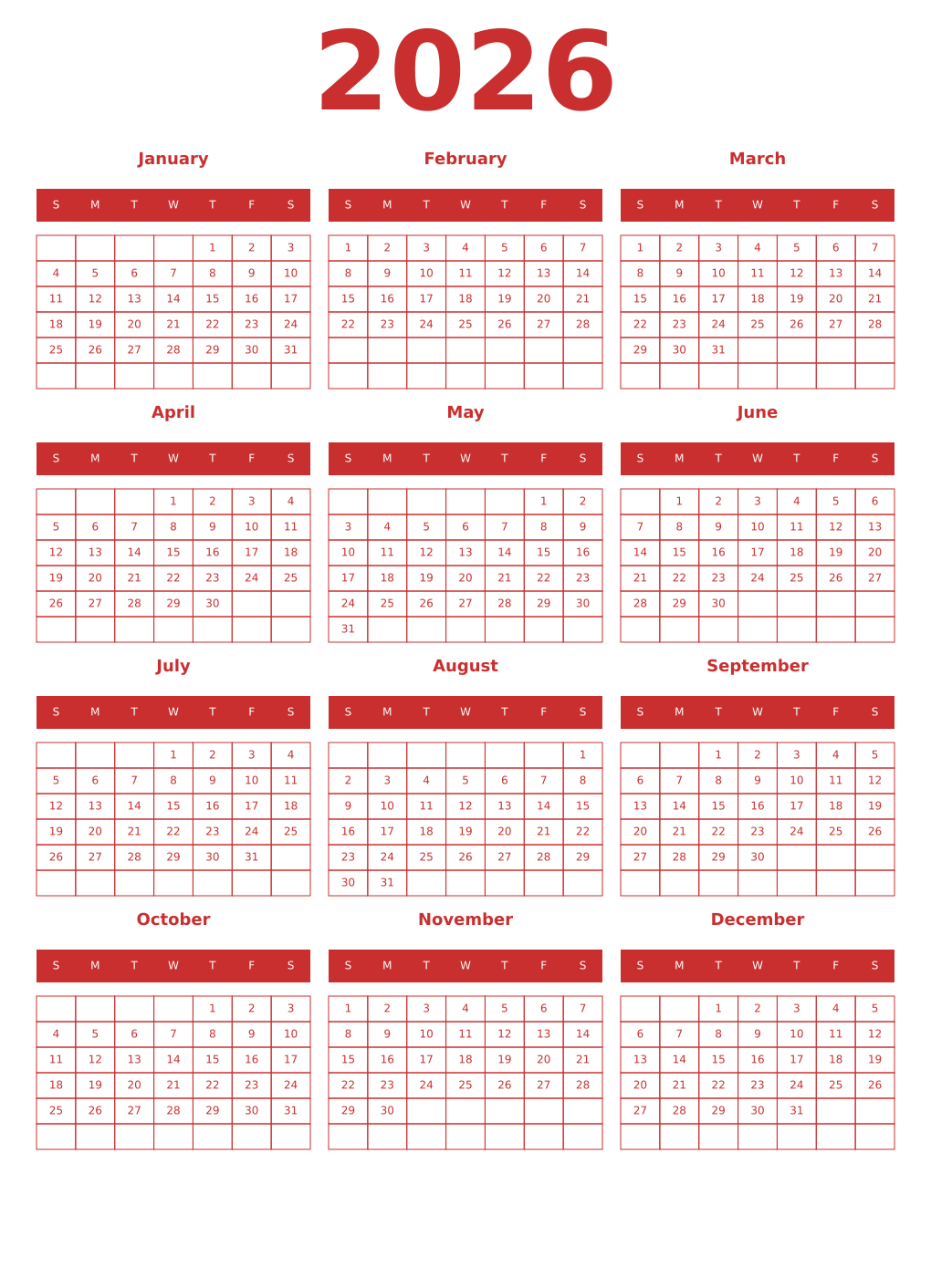 Printable 2026 Year Calendars red