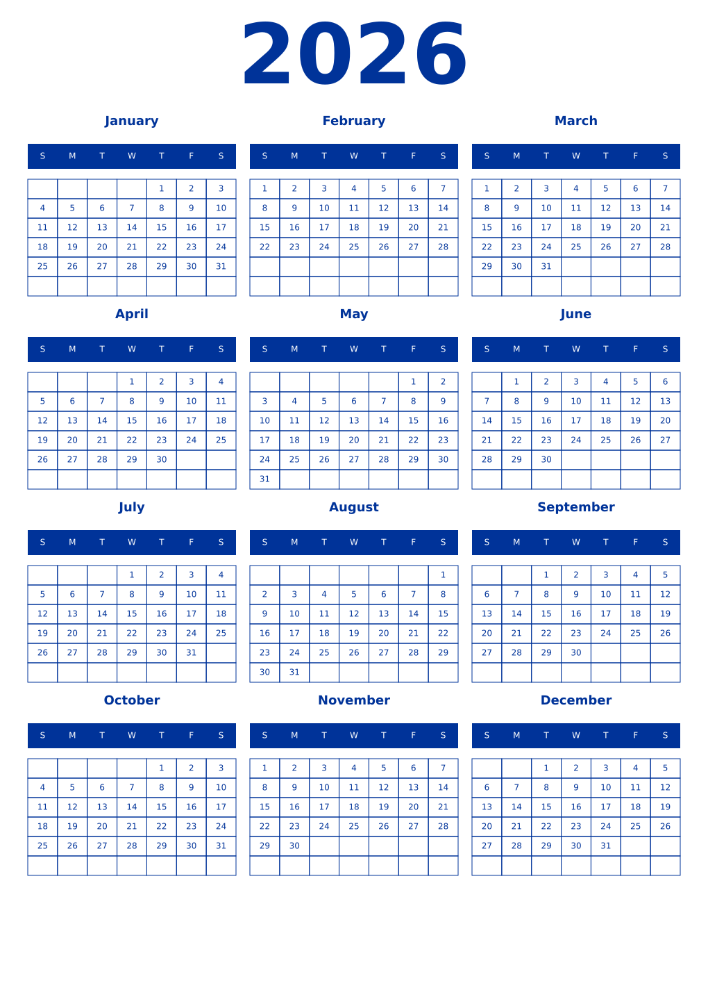 Printable 2026 Year Calendars smalt
