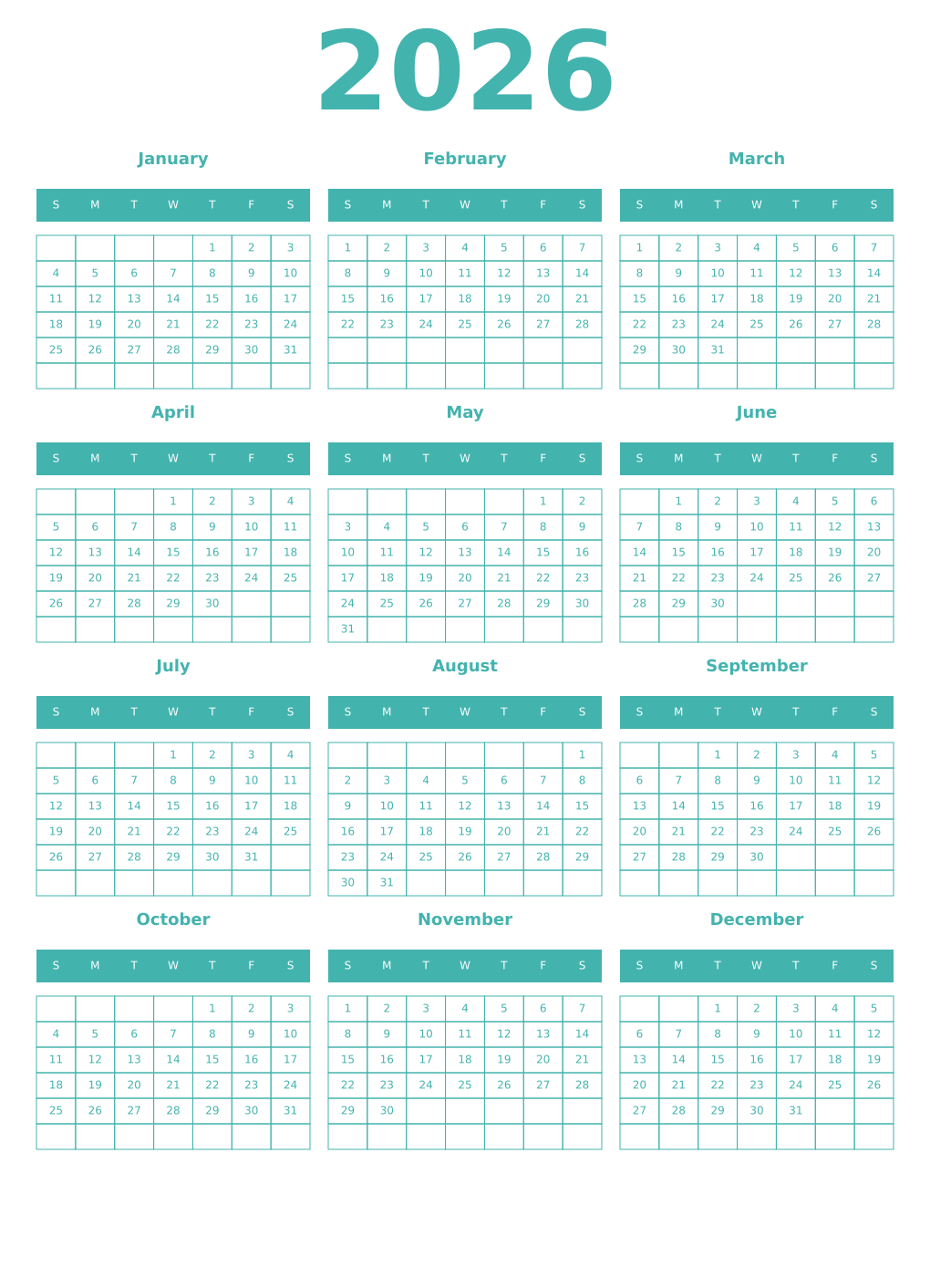 Printable 2026 Year Calendars verdigris
