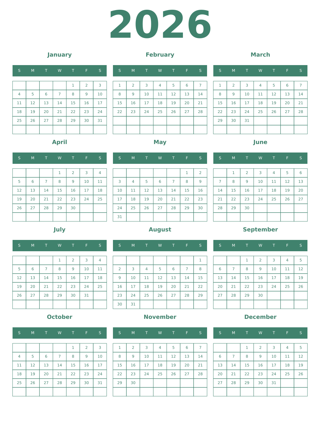Printable 2026 Year Calendars viridian