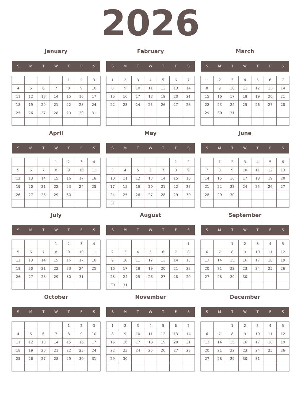 Printable 2026 Year Calendars wenge
