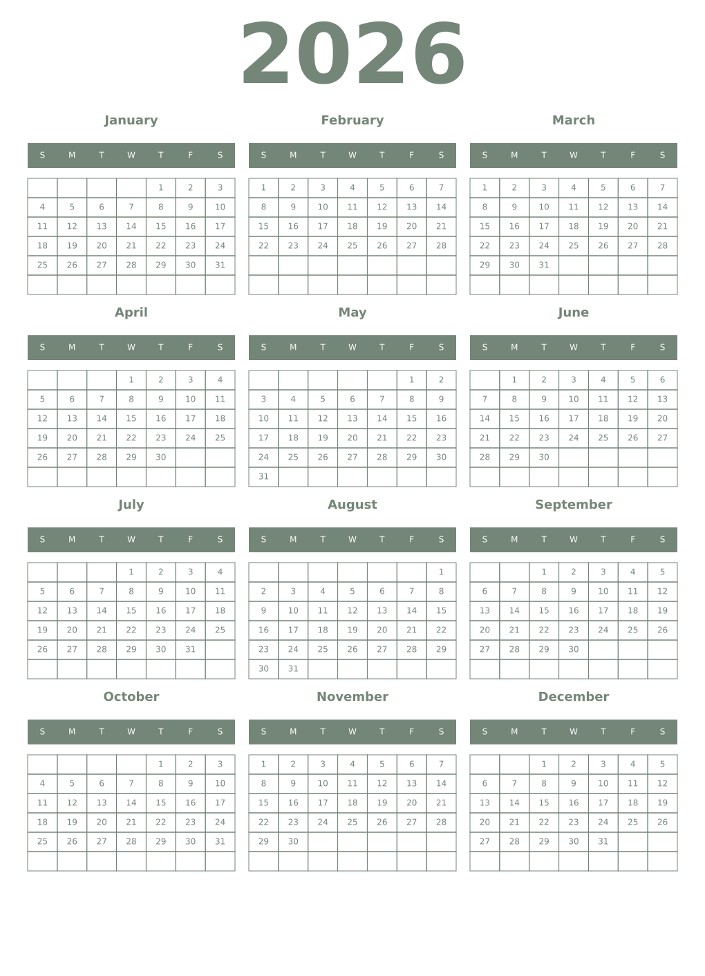 Printable 2026 Year Calendars xanadu