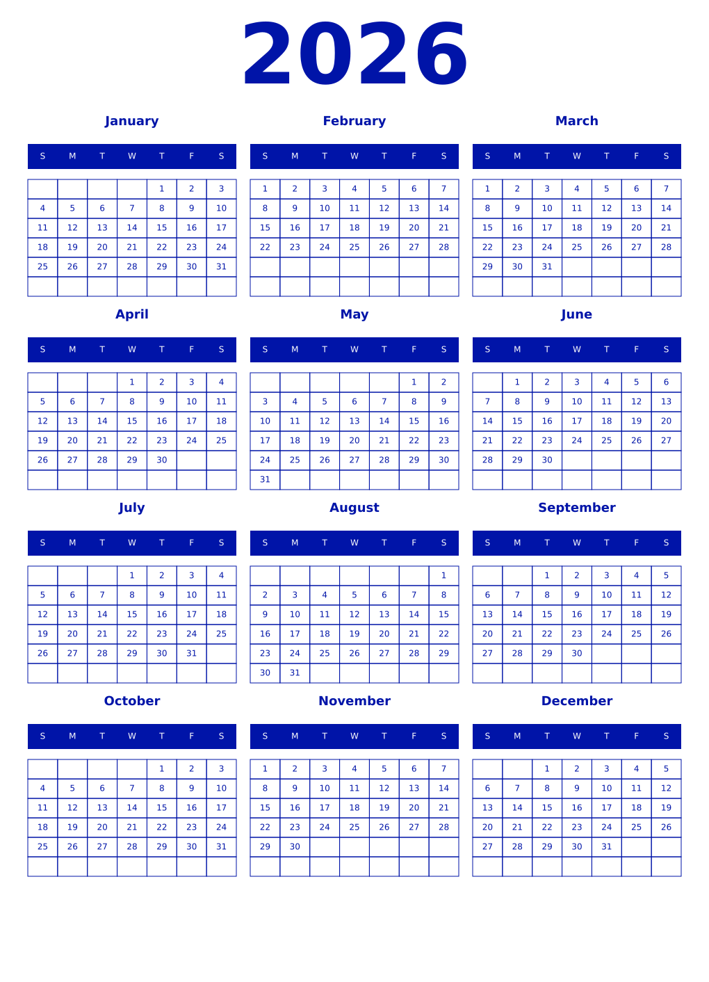 Printable 2026 Year Calendars zaffre