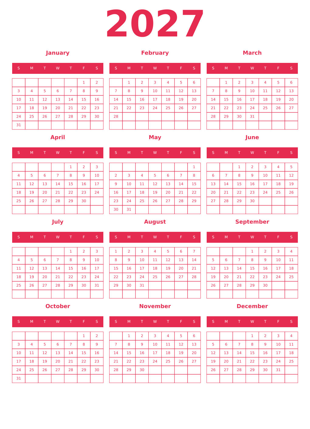 Printable 2027 Year Calendars amaranth