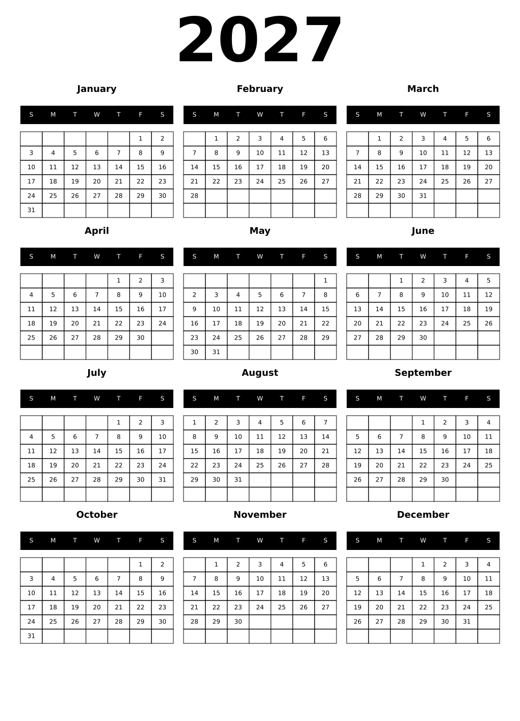 Printable 2027 Year Calendars black