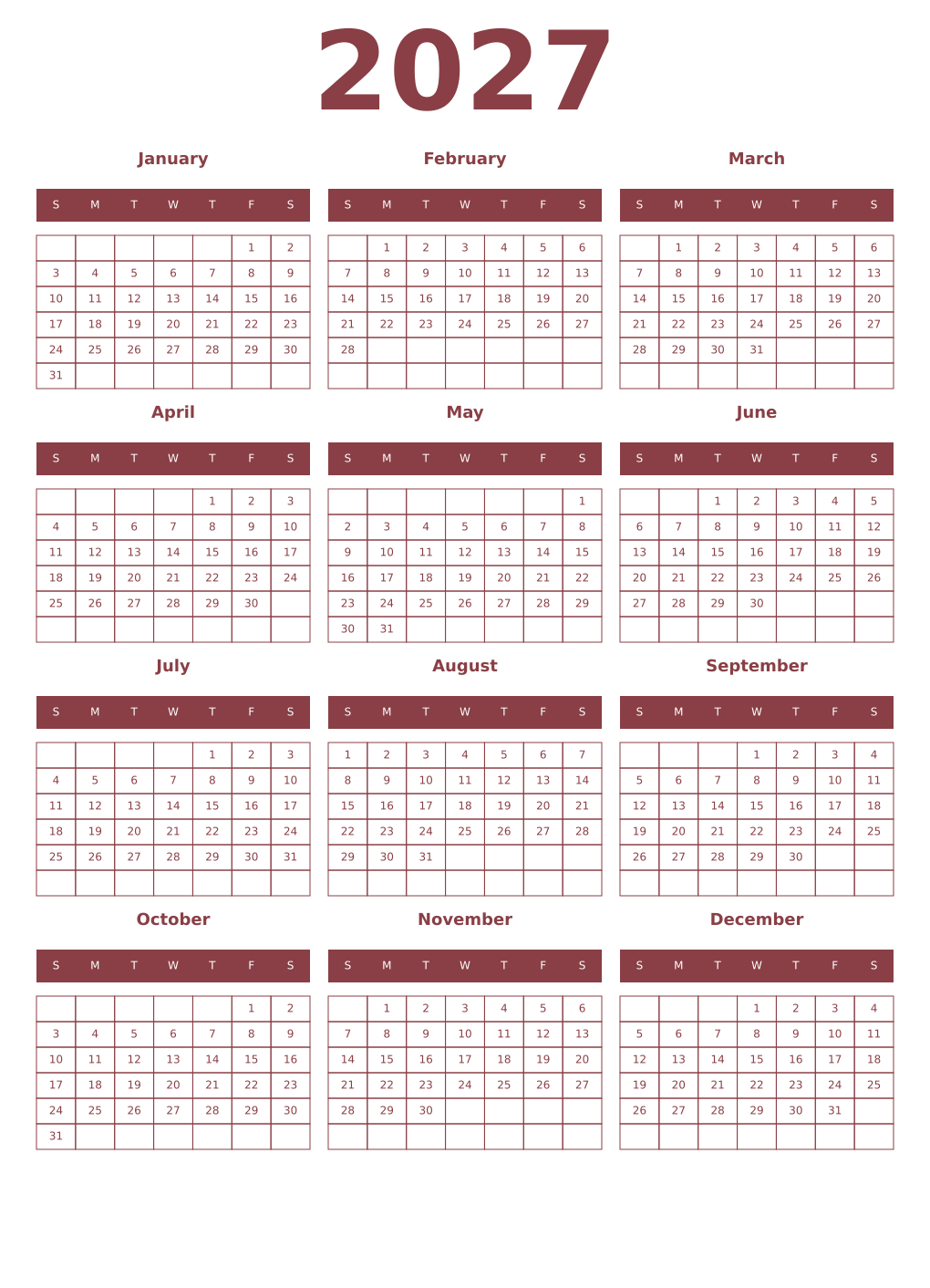 Printable 2027 Year Calendars cordovan