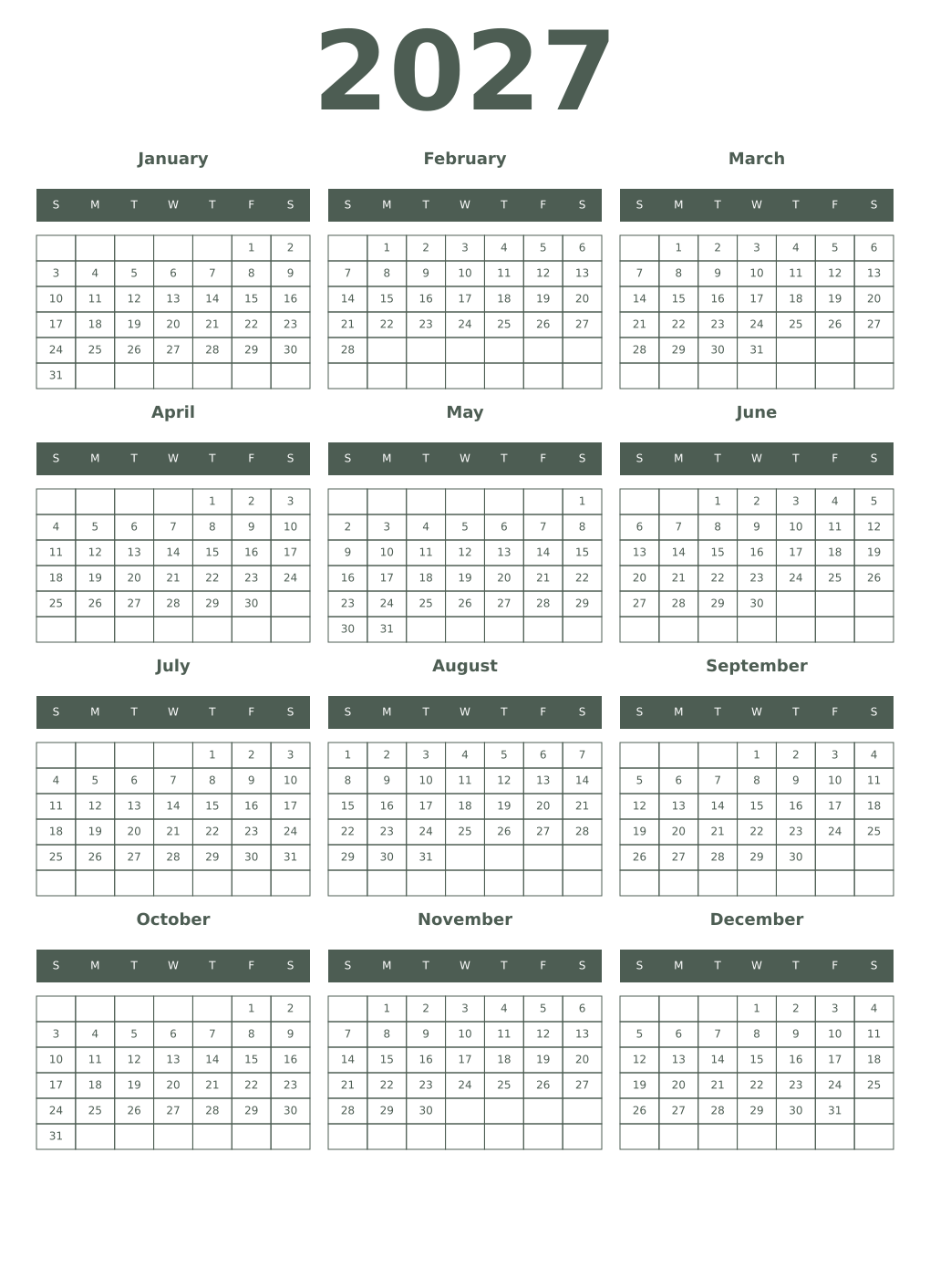 Printable 2027 Year Calendars feldgrau