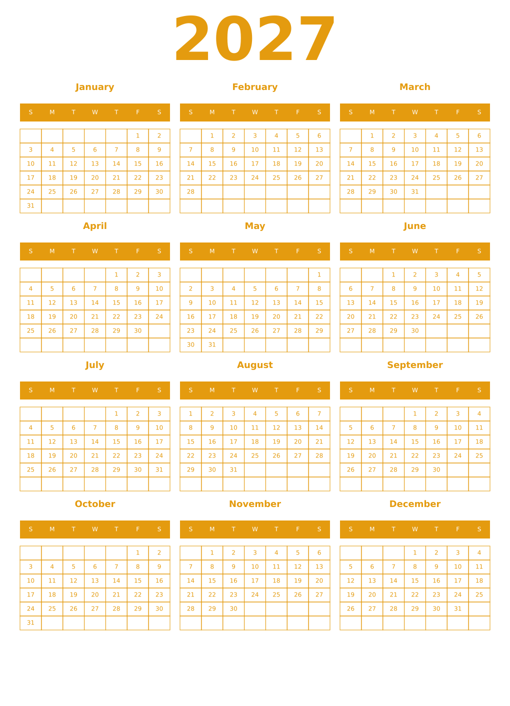 Printable 2027 Year Calendars gamboge