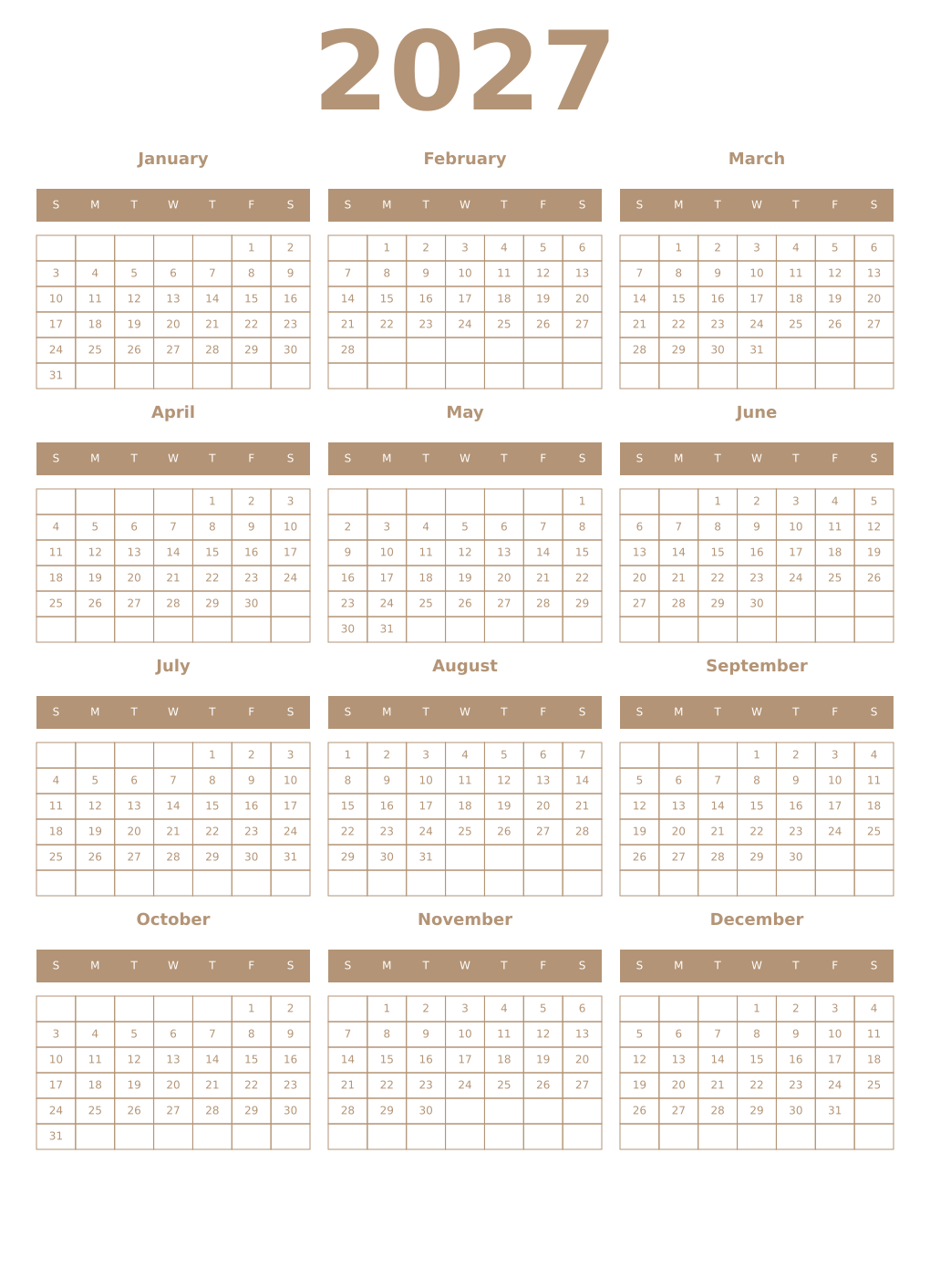 Printable 2027 Year Calendars isabelline