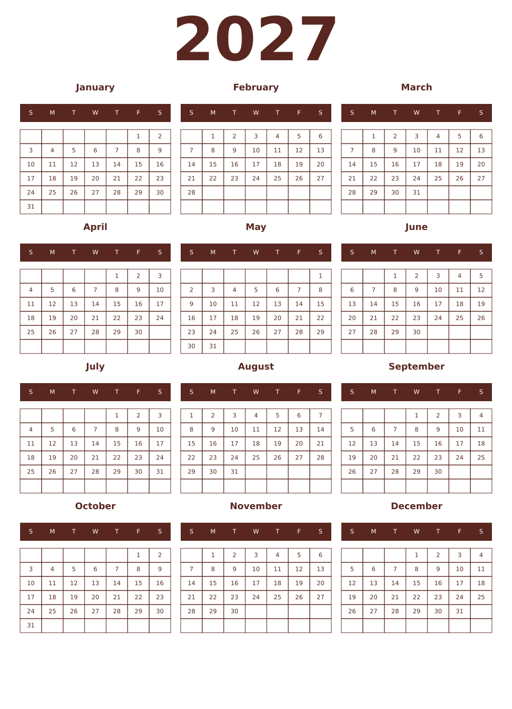 Printable 2027 Year Calendars mortuum