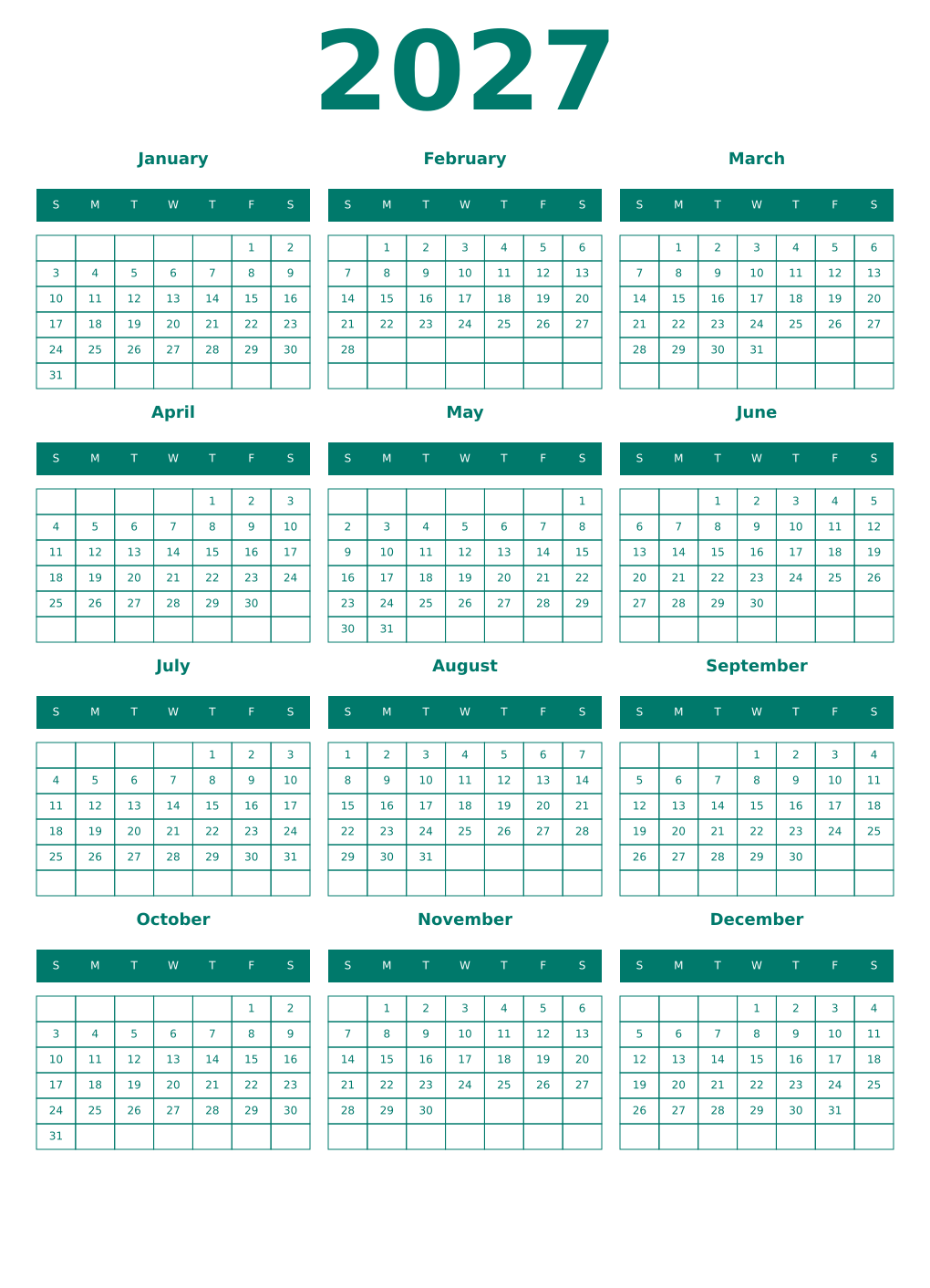 Printable 2027 Year Calendars pastel