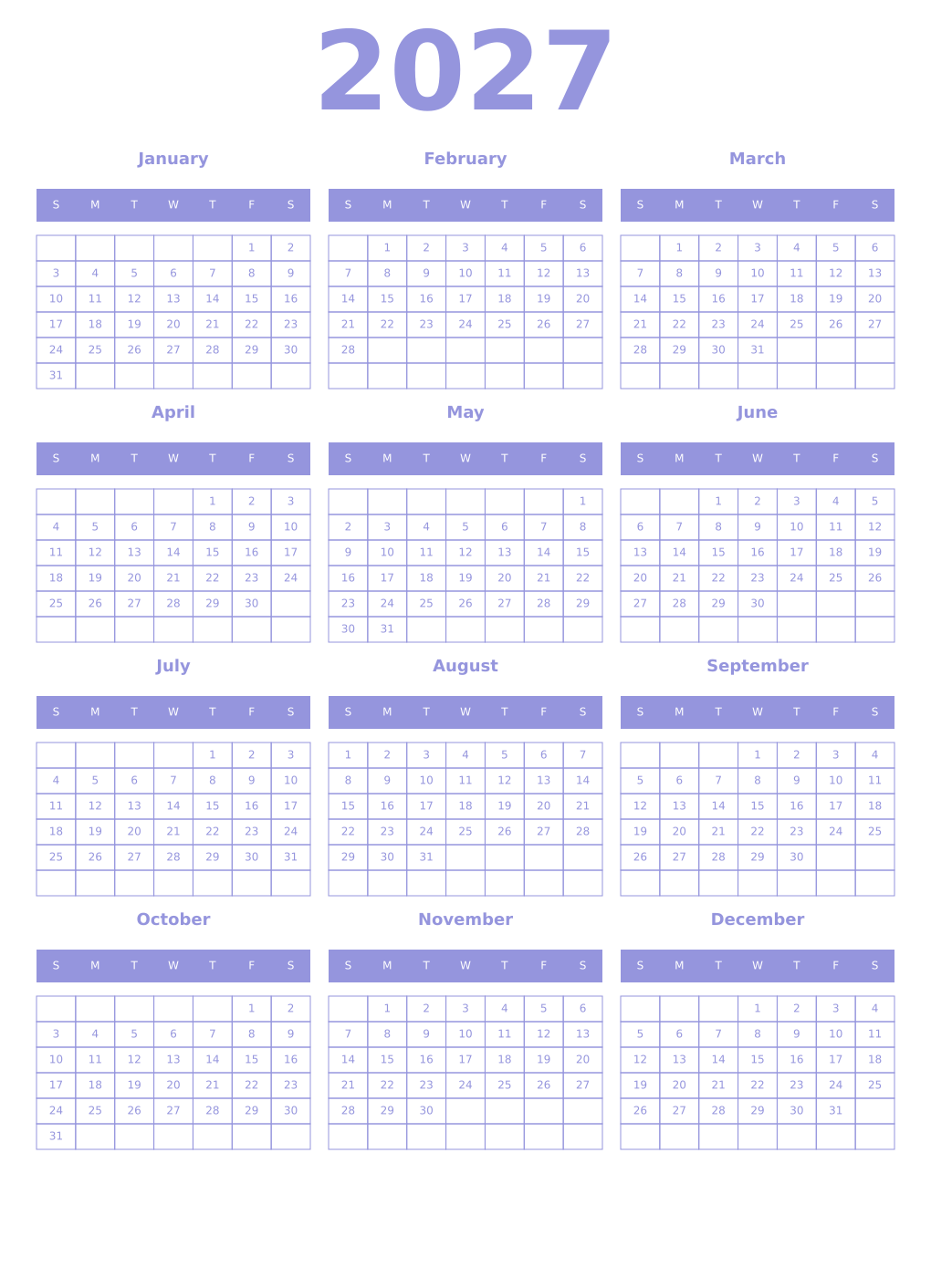Printable 2027 Year Calendars periwinkle
