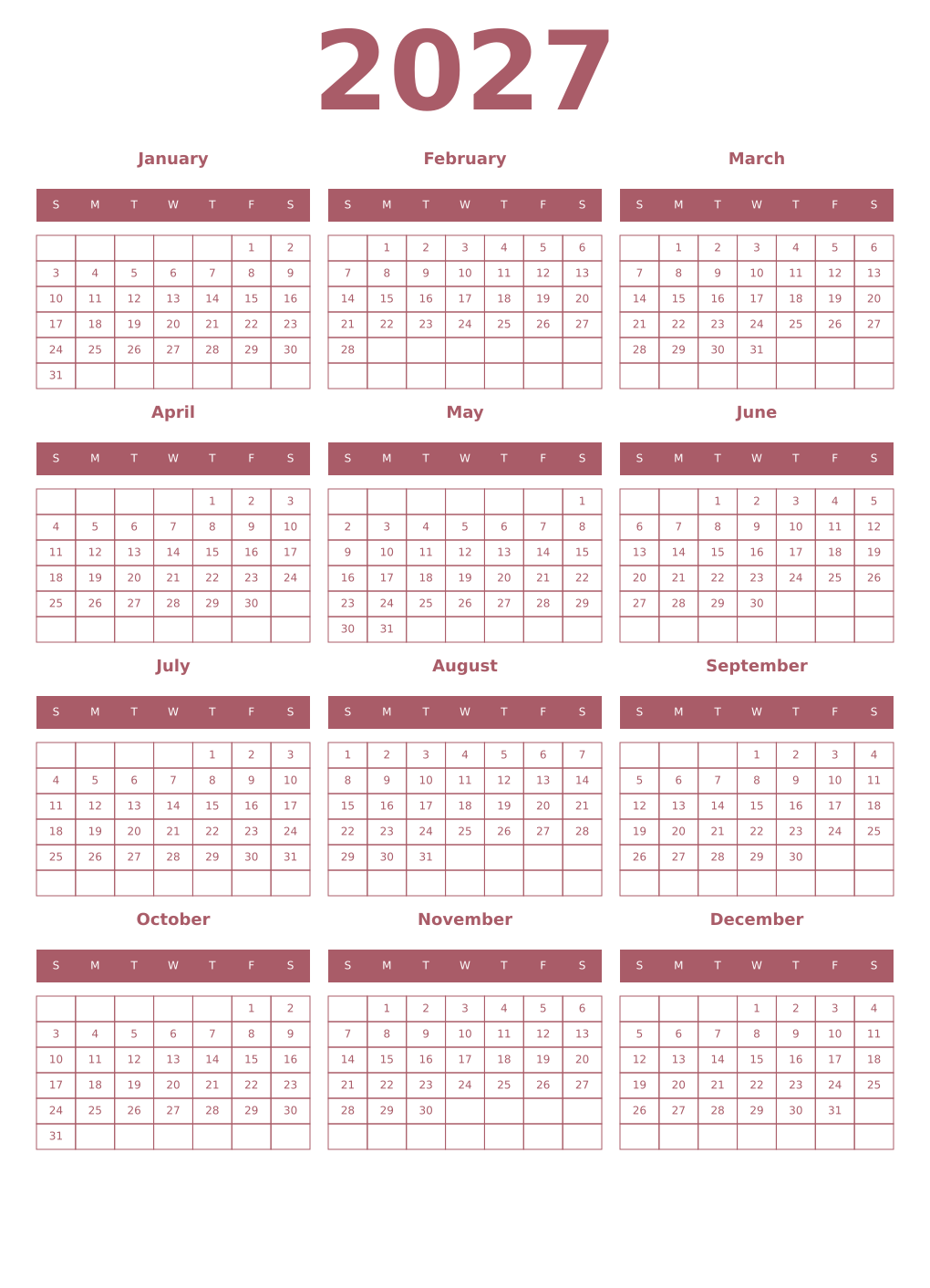Printable 2027 Year Calendars puce
