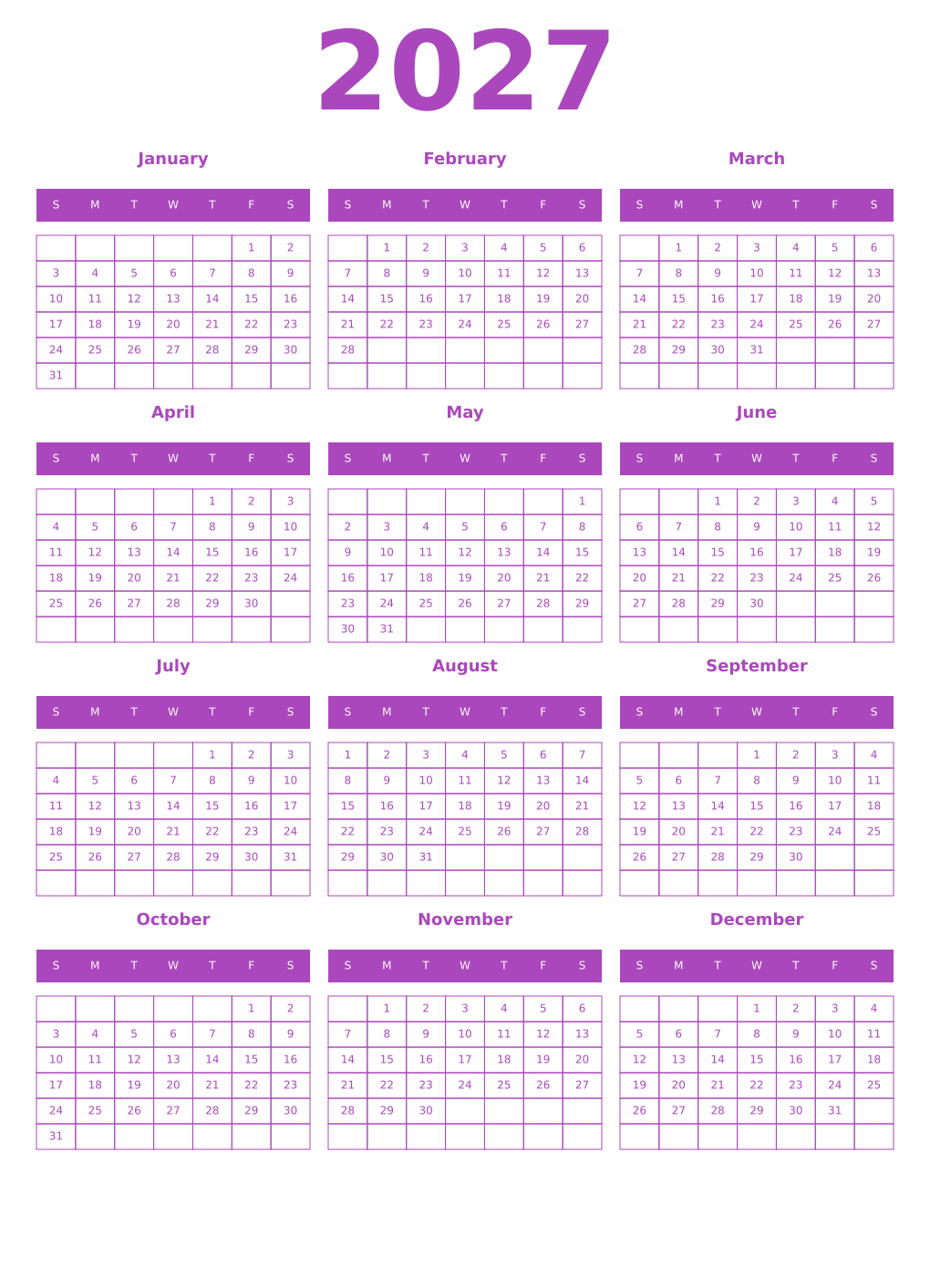 Printable 2027 Year Calendars purple