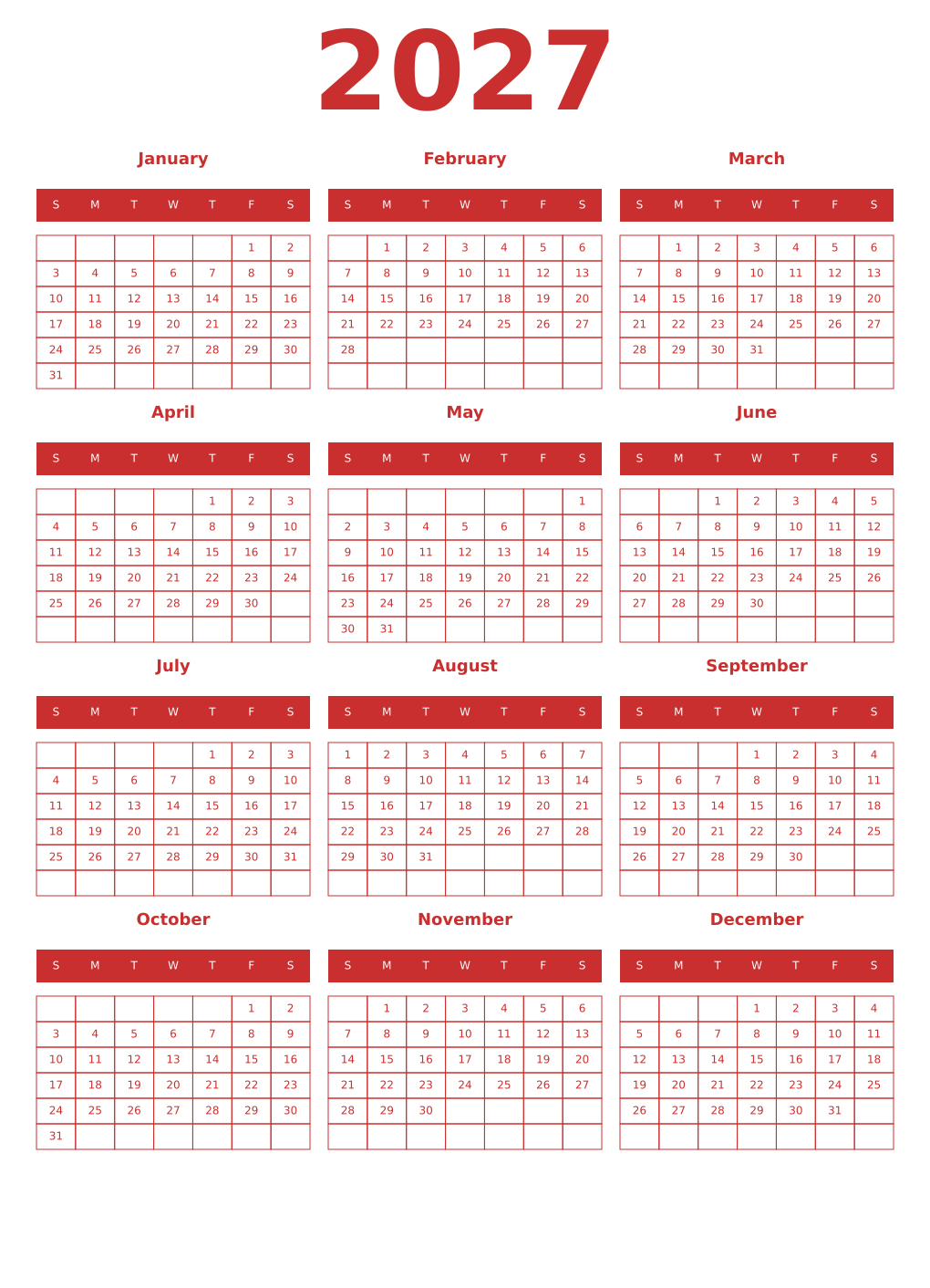 Printable 2027 Year Calendars red