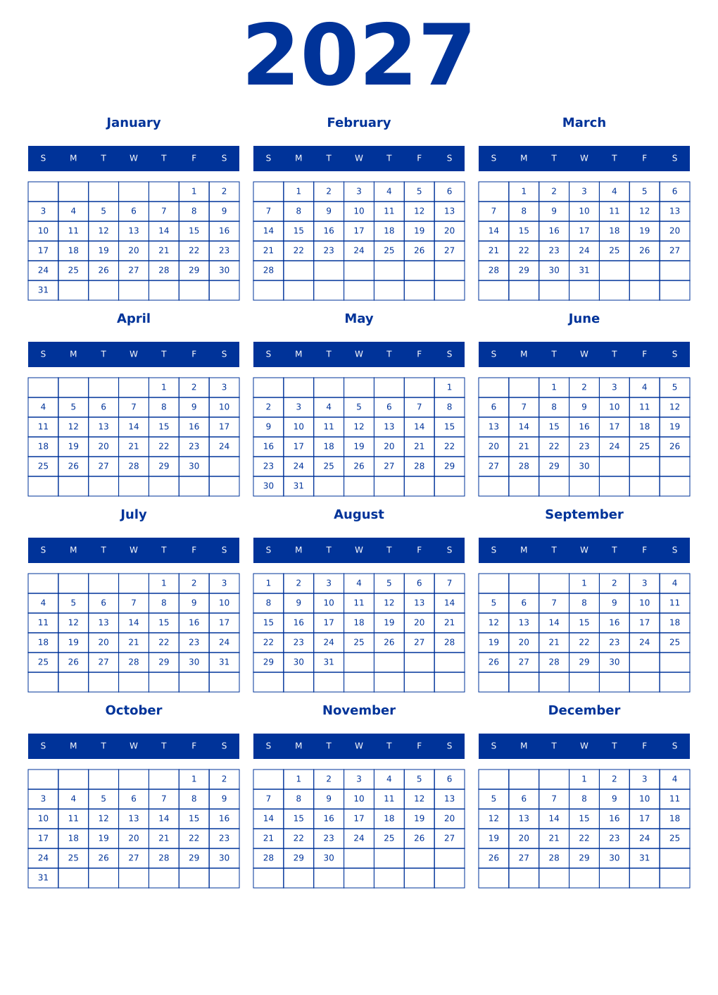 Printable 2027 Year Calendars smalt