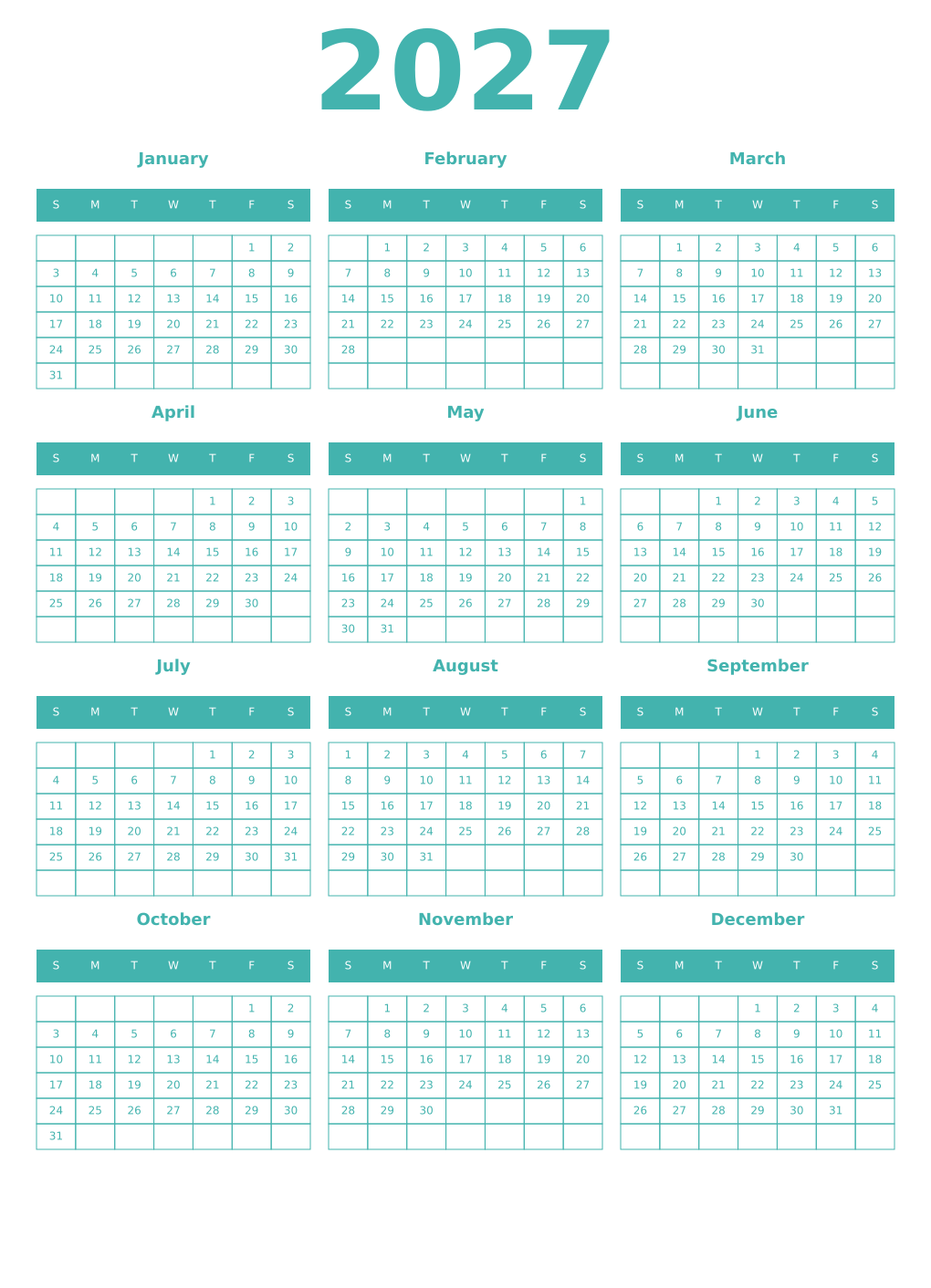Printable 2027 Year Calendars verdigris