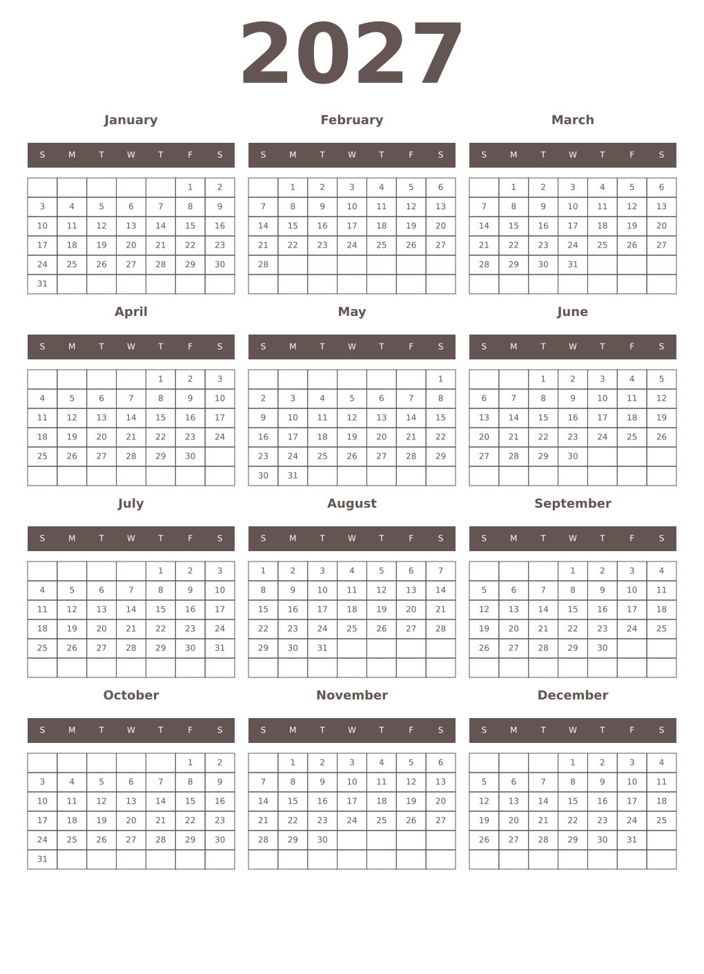 Printable 2027 Year Calendars wenge