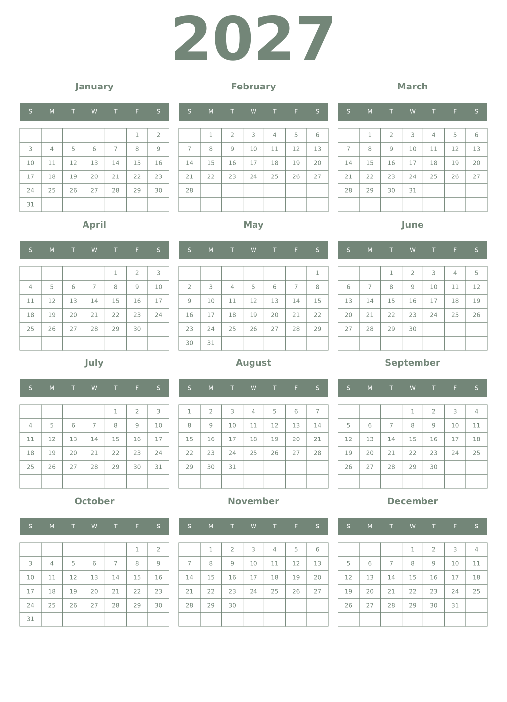 Printable 2027 Year Calendars xanadu