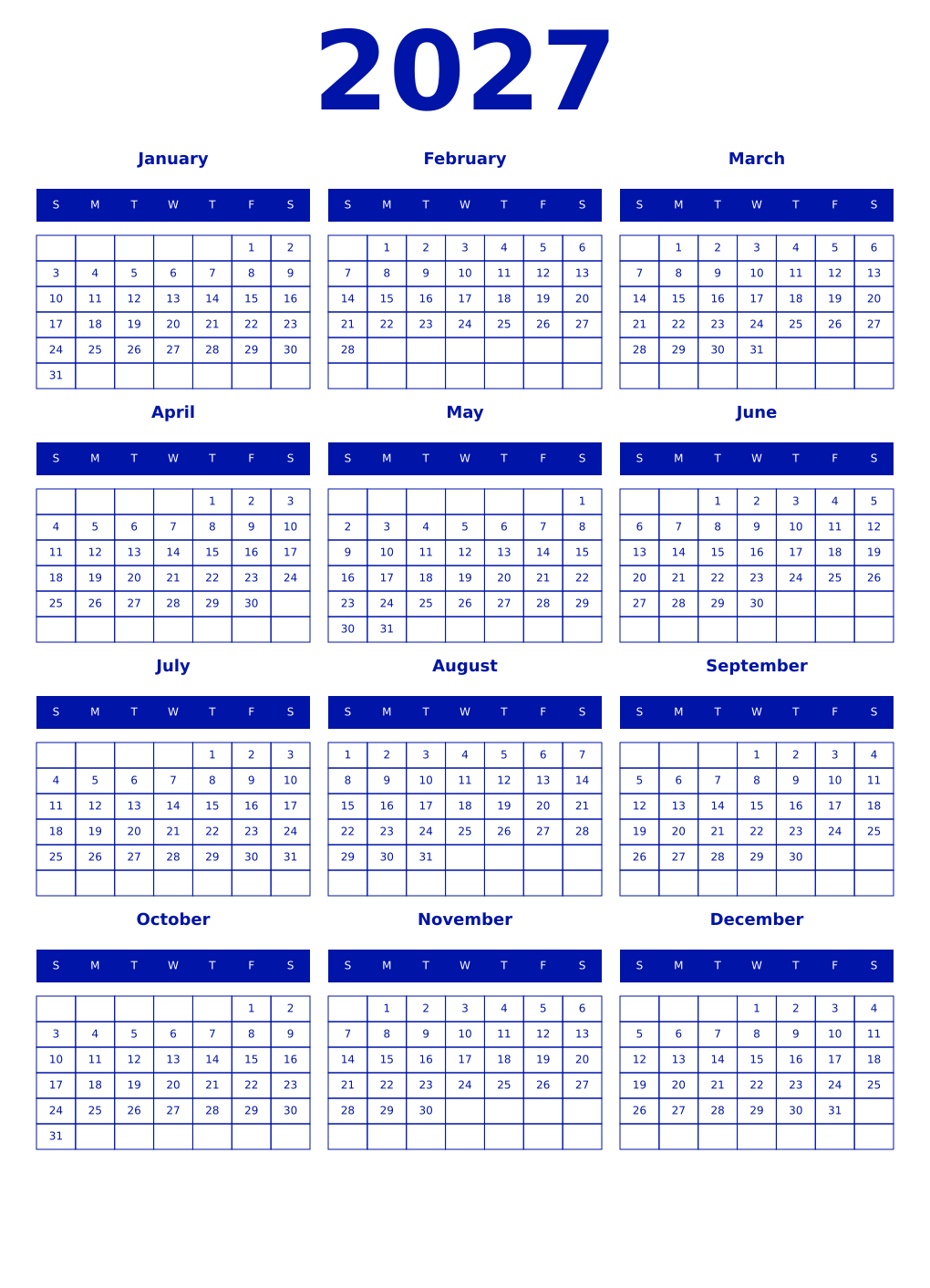Printable 2027 Year Calendars zaffre